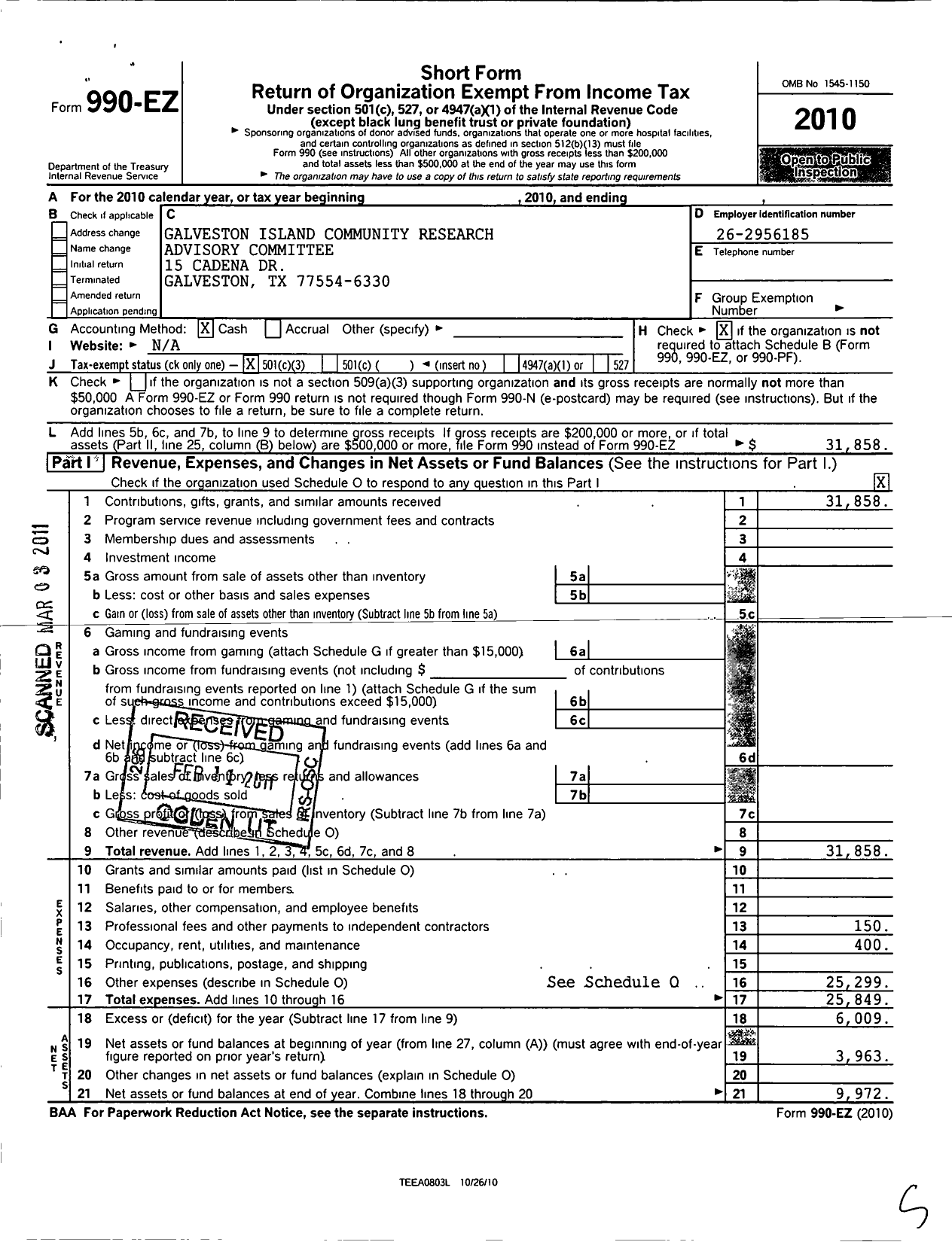 Image of first page of 2010 Form 990EZ for Galveston Island Community Research Advisory Committee (GICRACC)