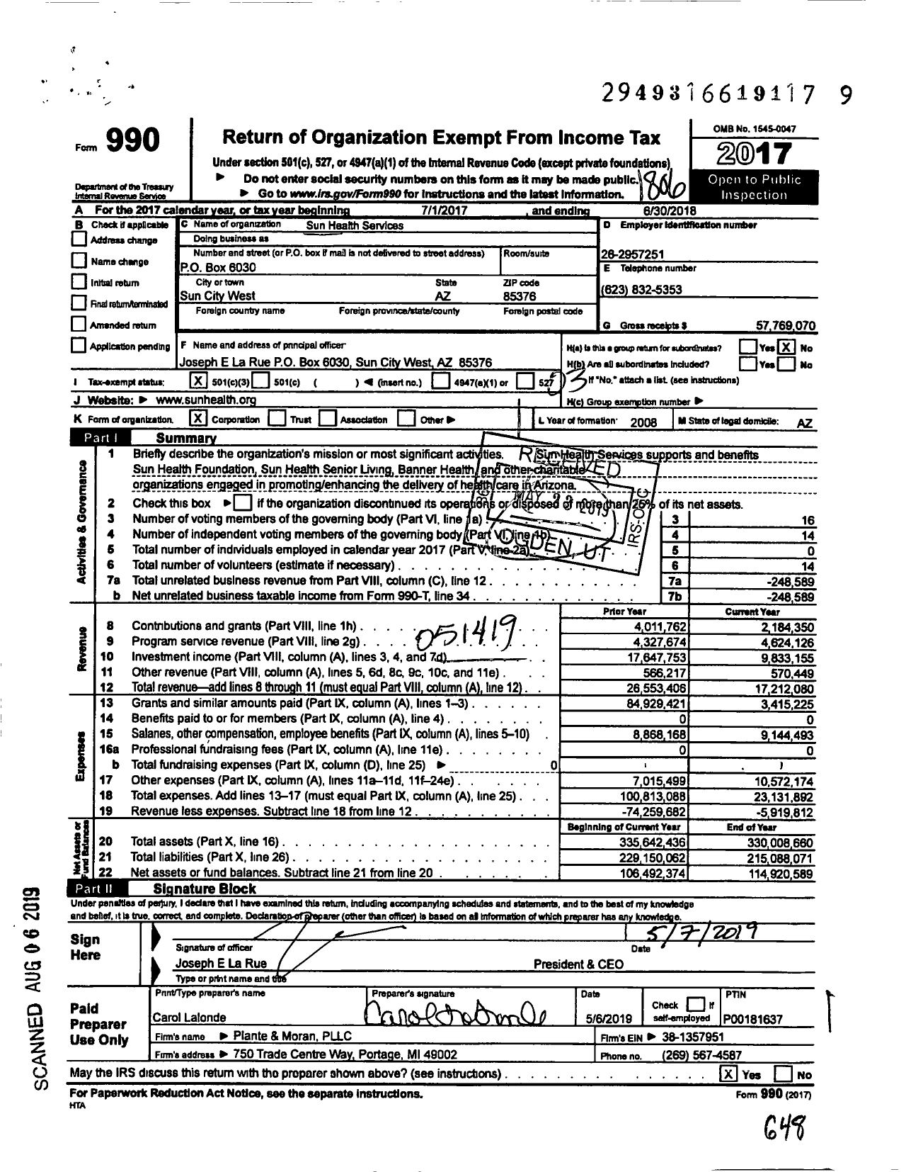 Image of first page of 2017 Form 990 for Sun Health