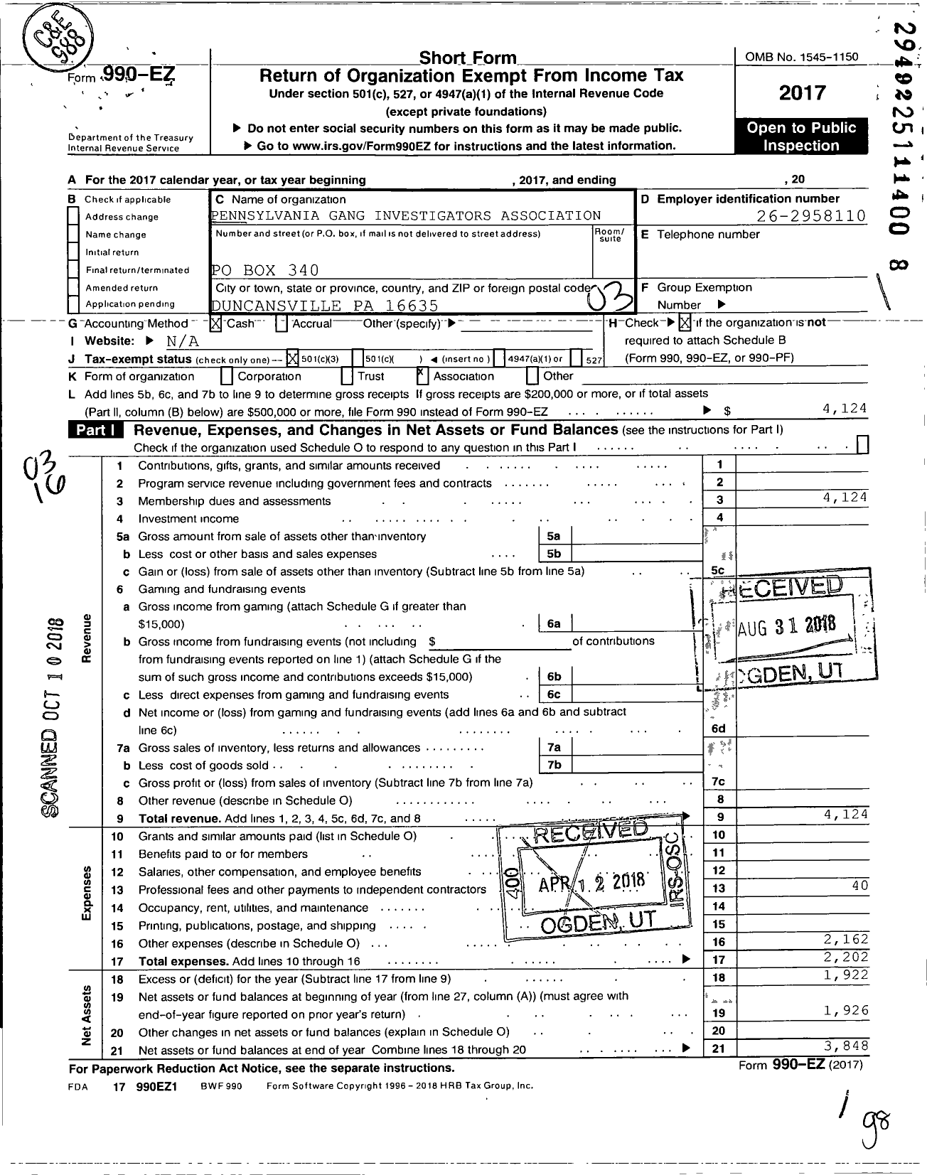 Image of first page of 2017 Form 990EZ for Pennsylvania Gang Investigators Association