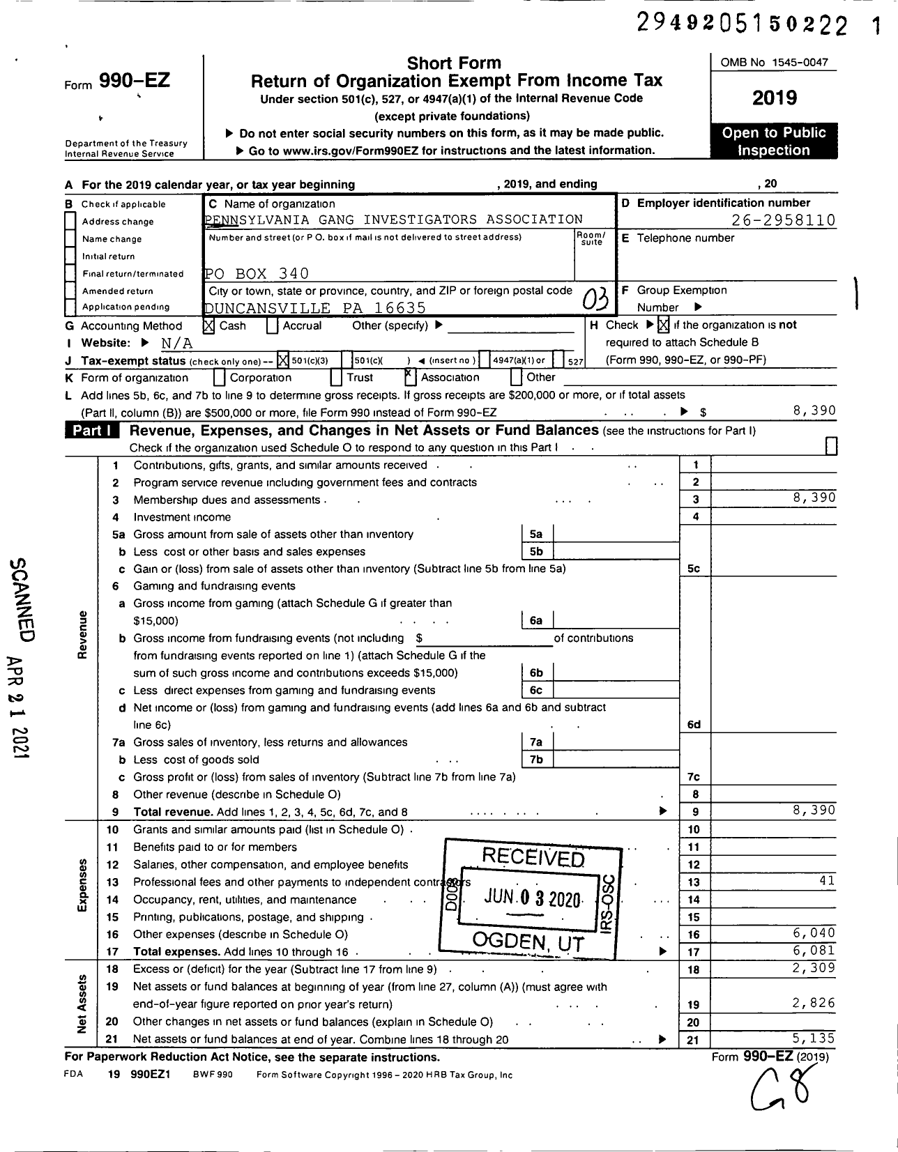 Image of first page of 2019 Form 990EZ for Pennsylvania Gang Investigators Association