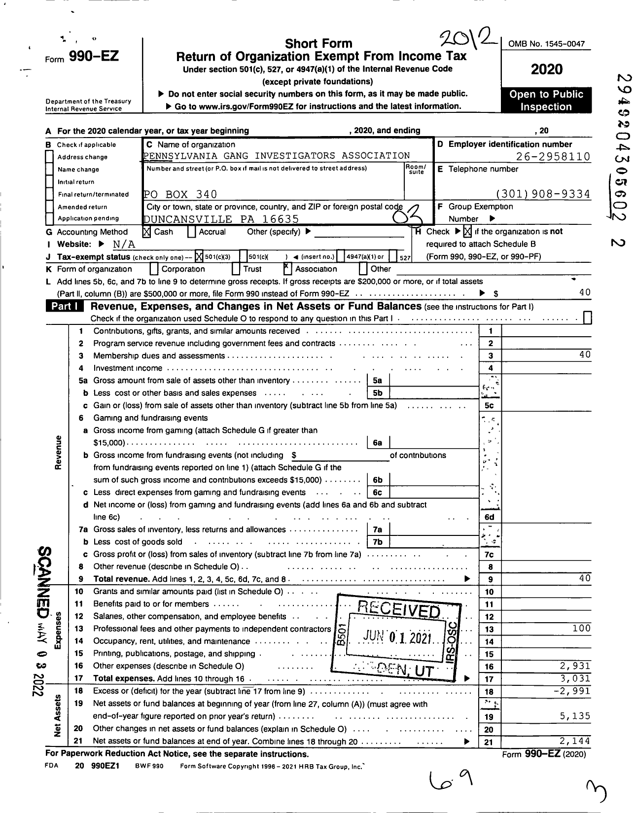 Image of first page of 2020 Form 990EZ for Pennsylvania Gang Investigators Association