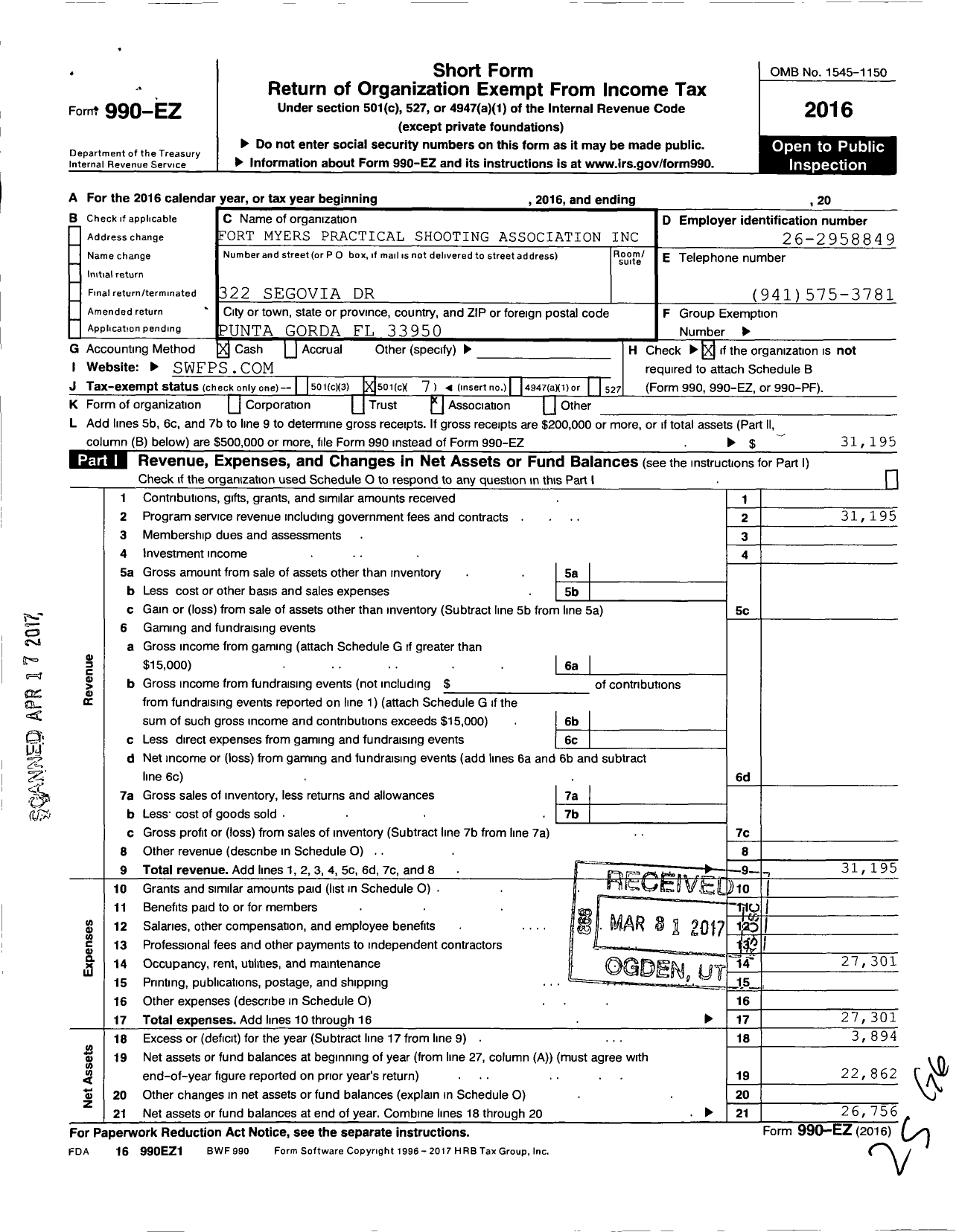 Image of first page of 2016 Form 990EO for Fort Myers Practical Shooting Association