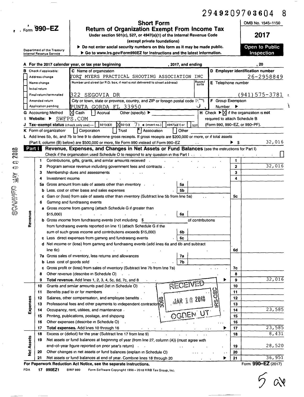 Image of first page of 2017 Form 990EO for Fort Myers Practical Shooting Association