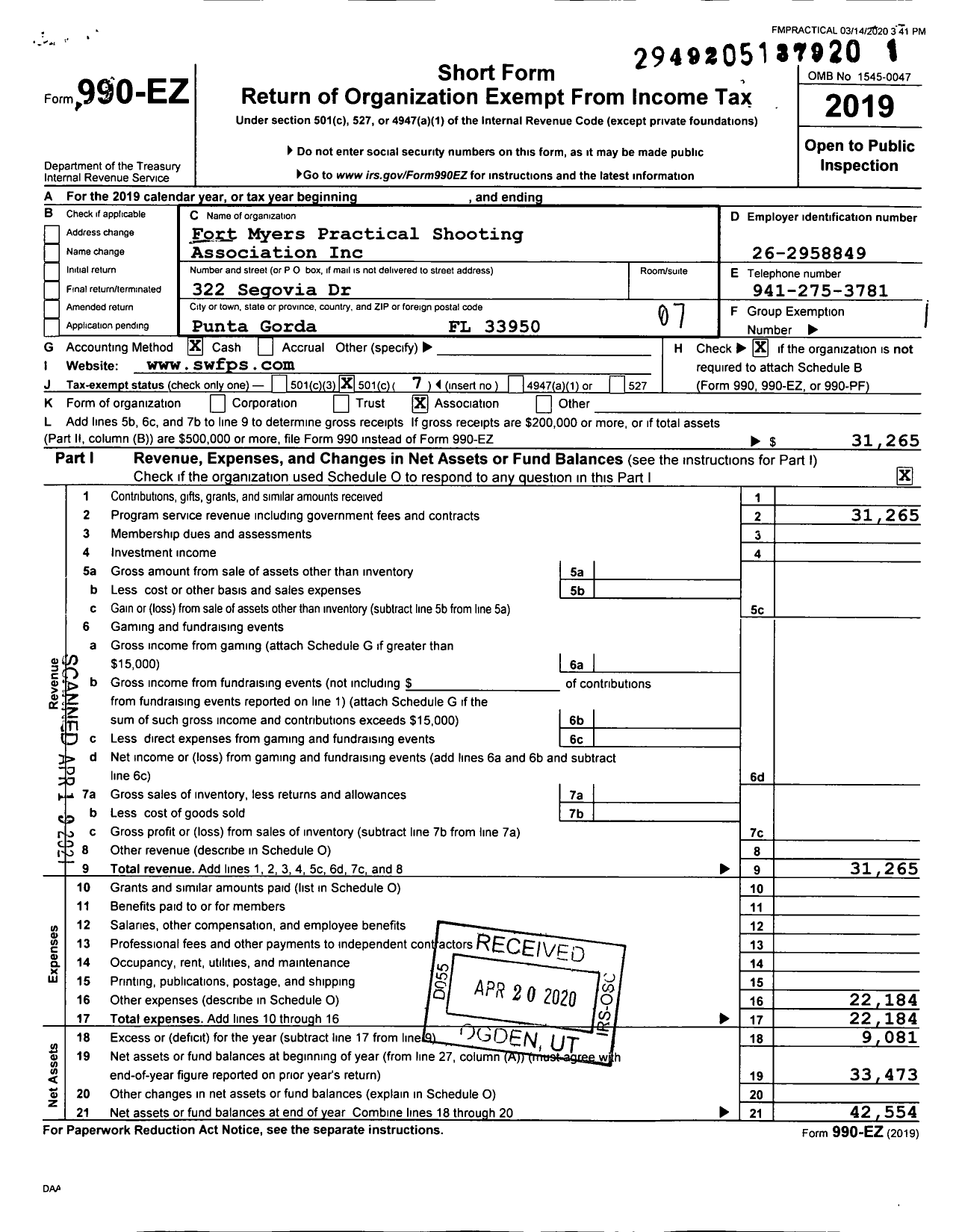 Image of first page of 2019 Form 990EO for Fort Myers Practical Shooting Association