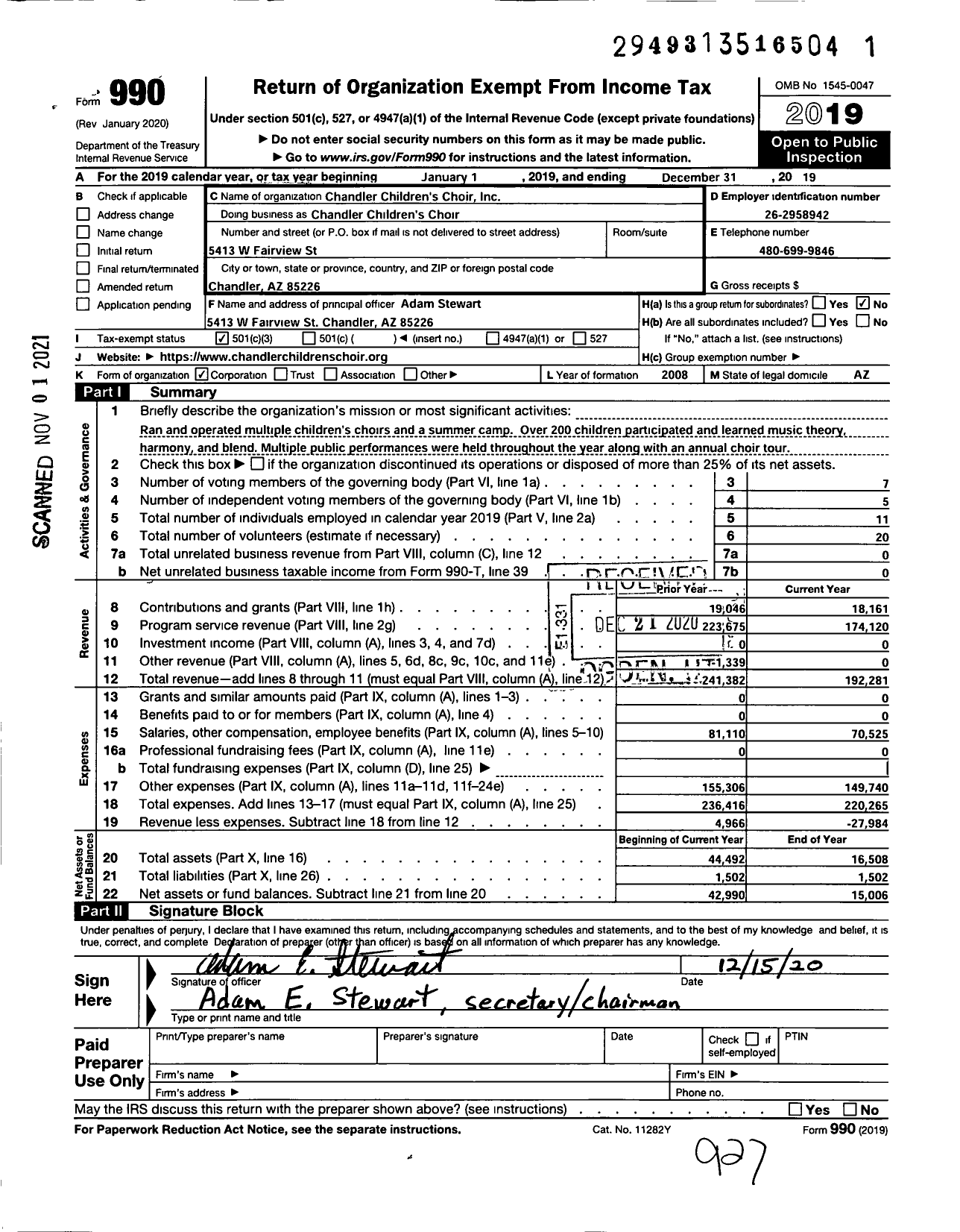 Image of first page of 2019 Form 990 for Chandler Children's Choir