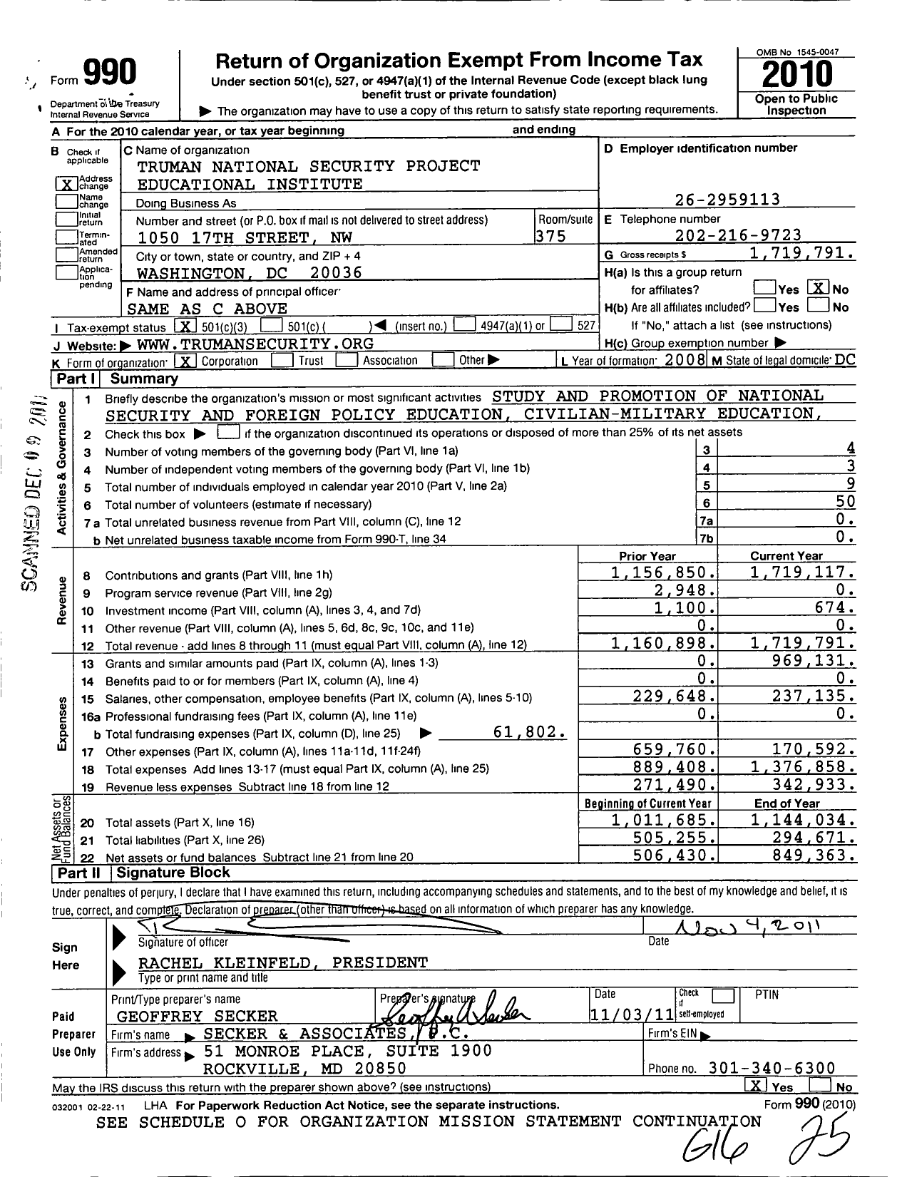 Image of first page of 2010 Form 990 for Truman National Security Institute