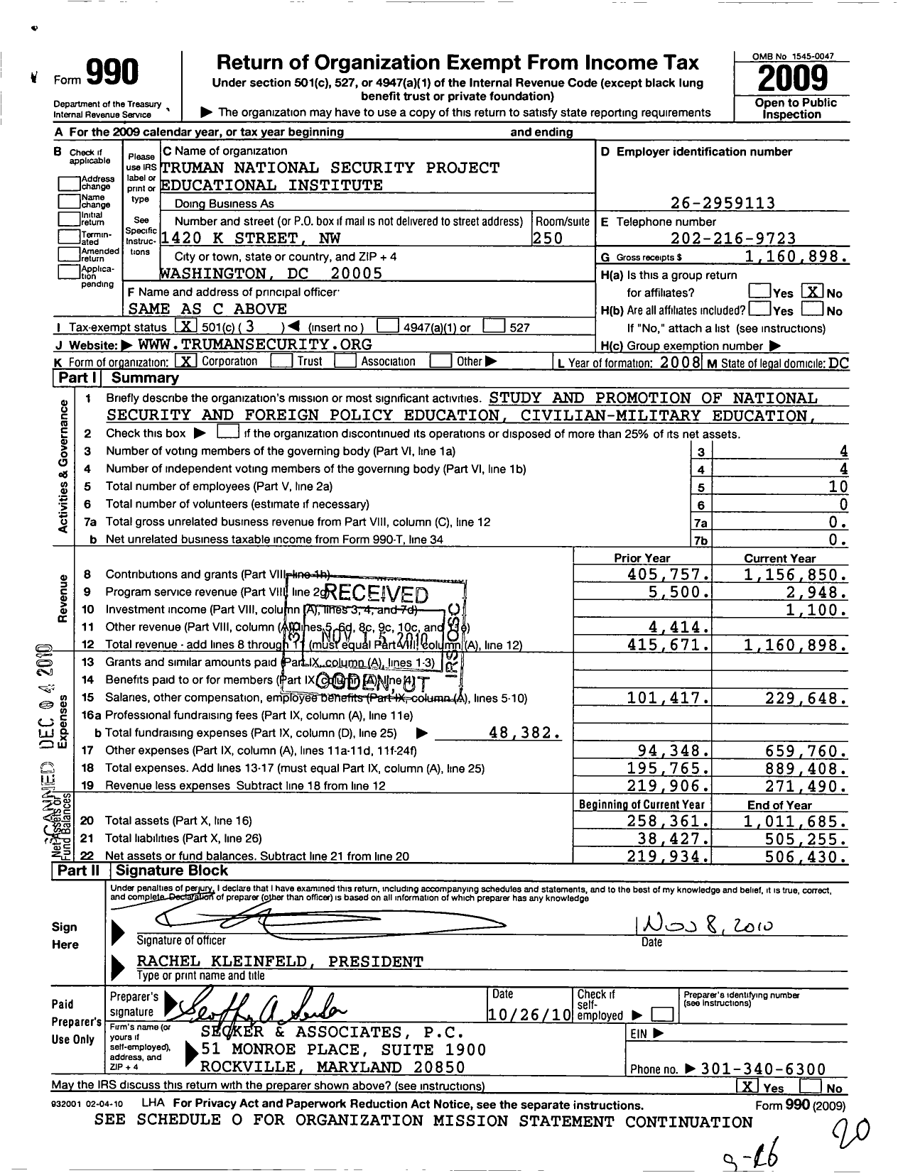 Image of first page of 2009 Form 990 for Truman National Security Institute