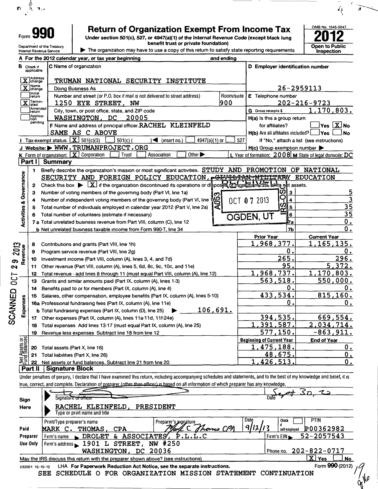 Image of first page of 2012 Form 990 for Truman National Security Institute