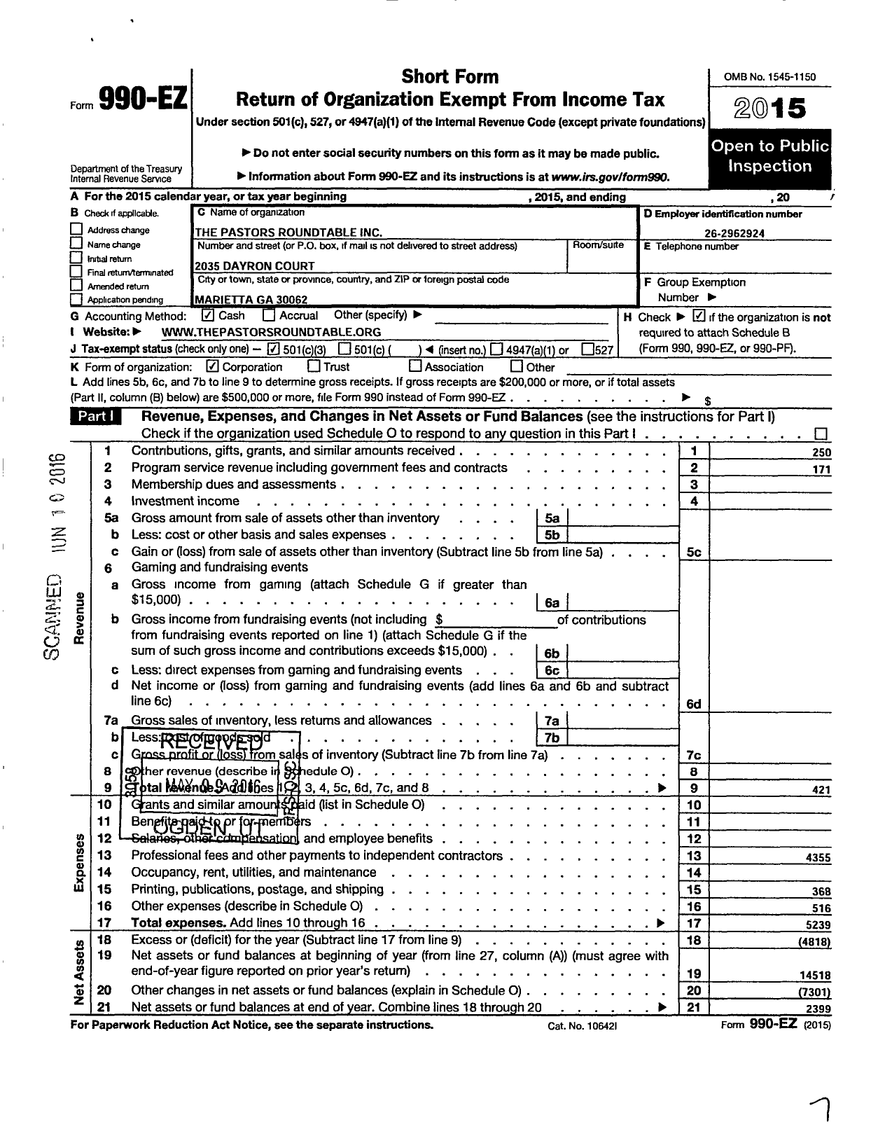 Image of first page of 2015 Form 990EZ for Pastors Roundtable