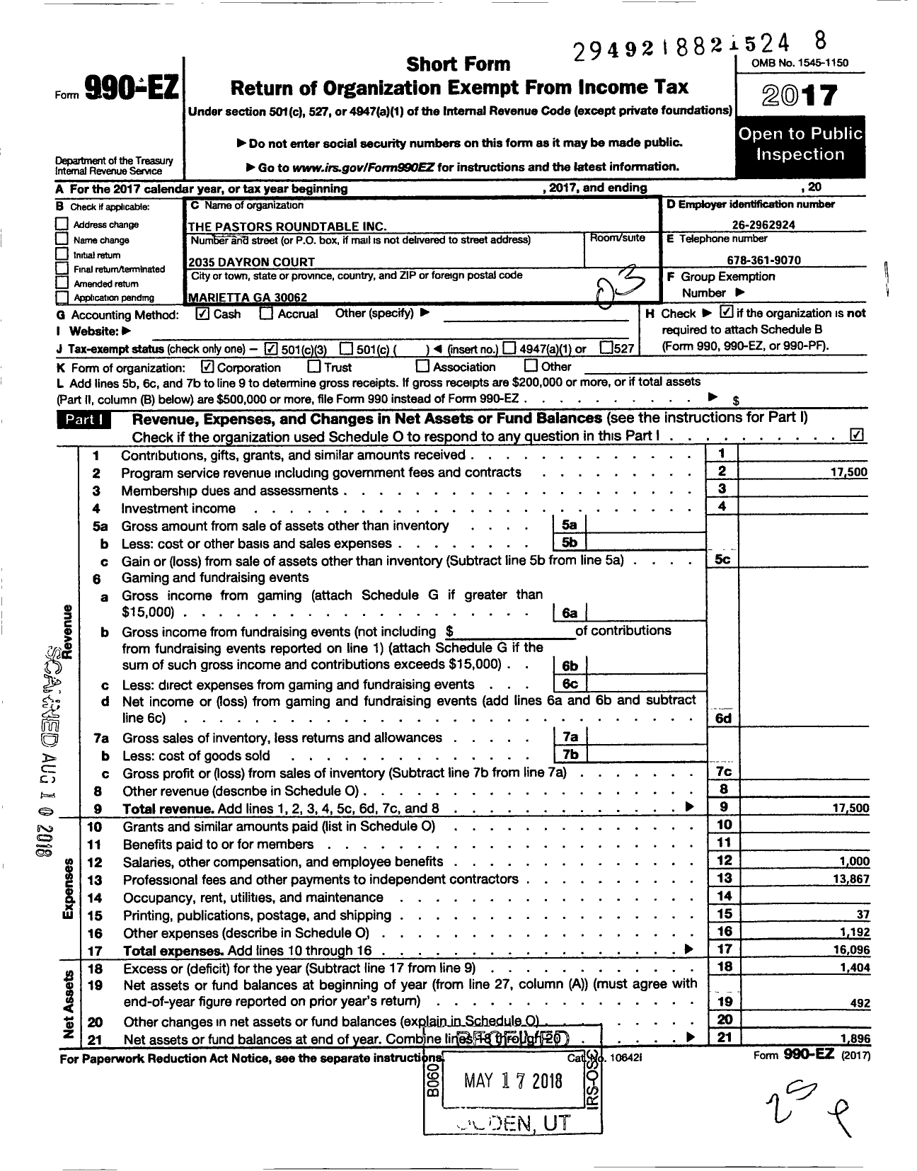 Image of first page of 2017 Form 990EZ for Pastors Roundtable