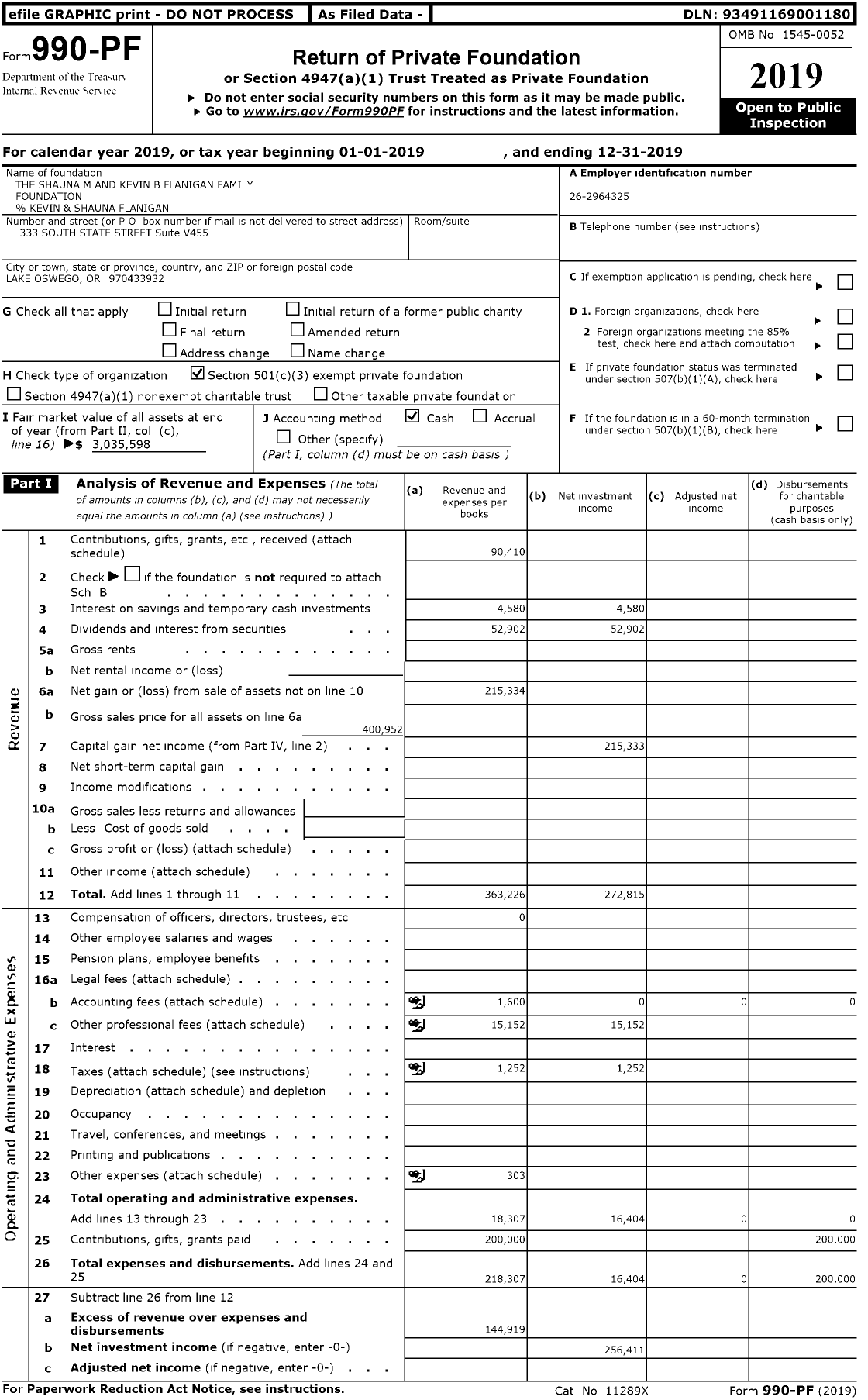 Image of first page of 2019 Form 990PR for The Shauna M and Kevin B Flanigan Family Foundation