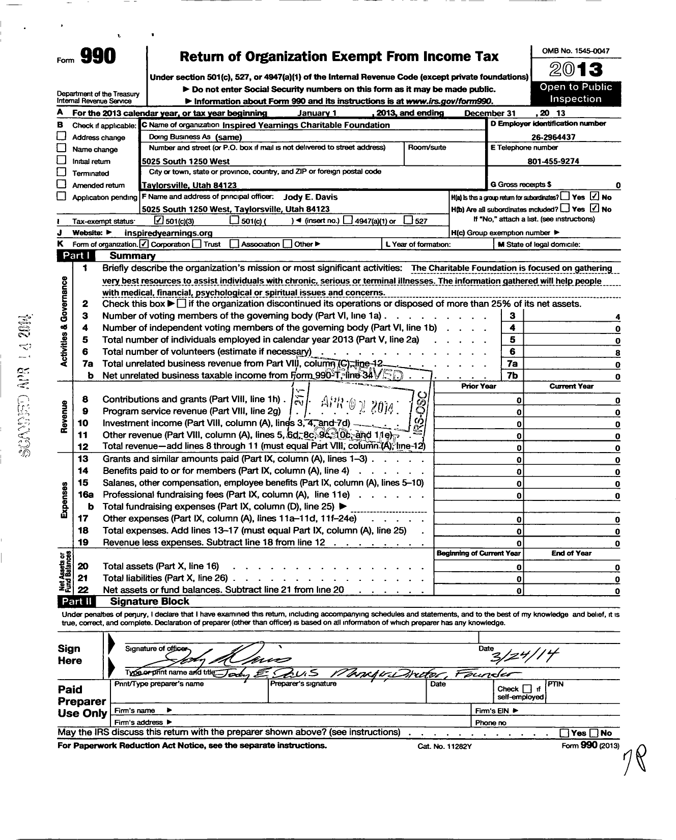 Image of first page of 2013 Form 990 for Inspired Yearnings Charitable Foundation