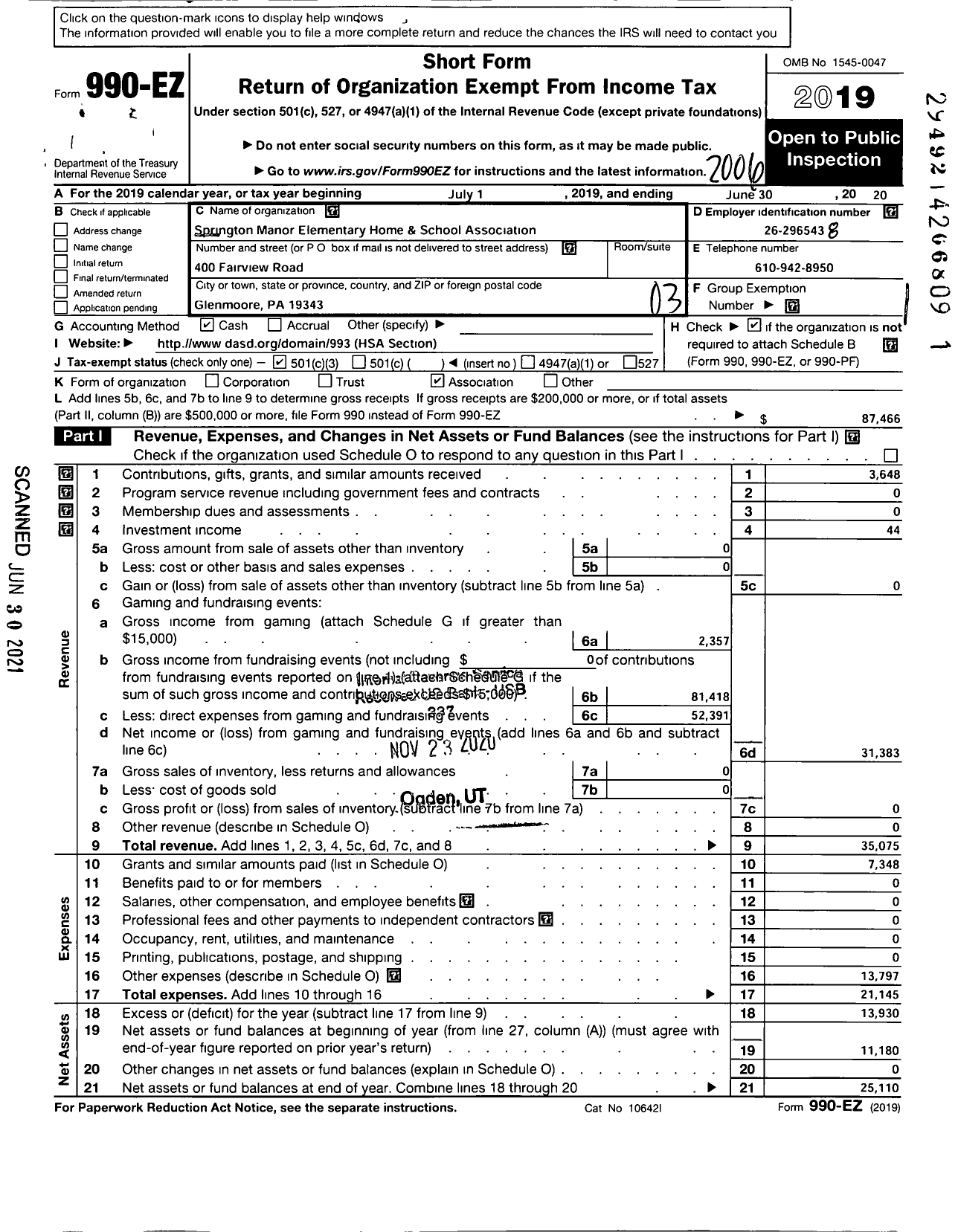 Image of first page of 2019 Form 990EZ for Springton Manor Elementary Home and School Association