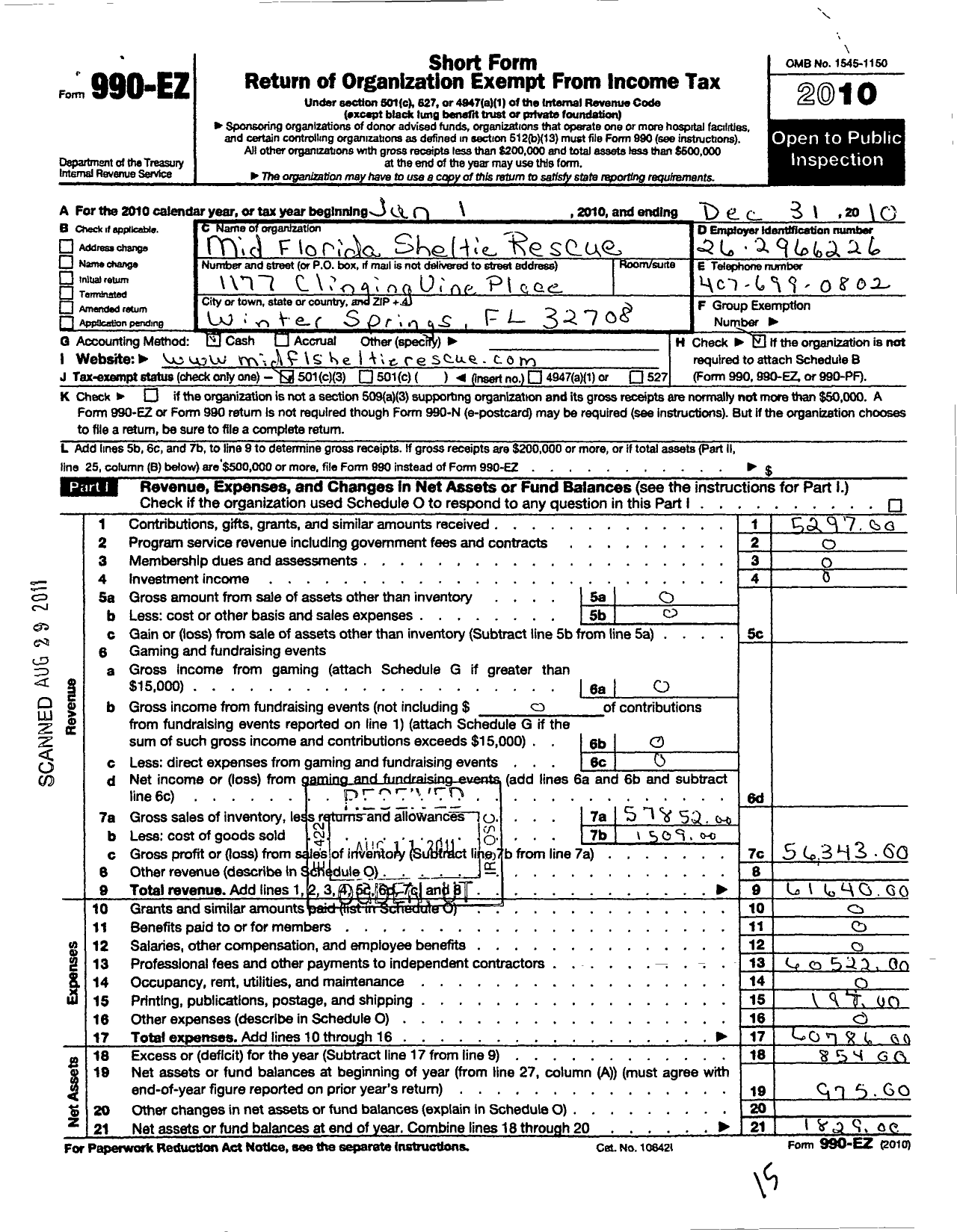 Image of first page of 2010 Form 990EZ for Mid Florida Sheltie Rescue