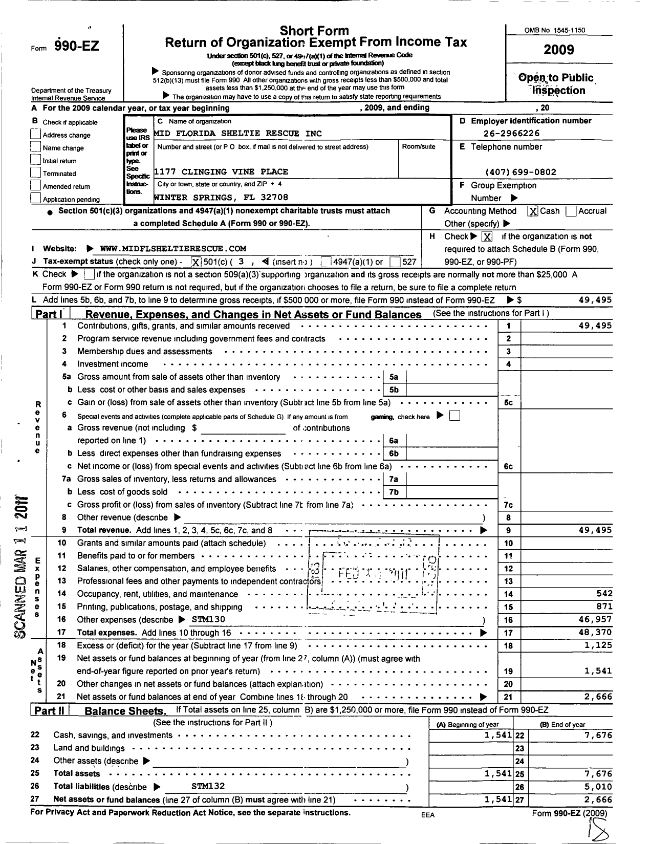 Image of first page of 2009 Form 990EZ for Mid Florida Sheltie Rescue