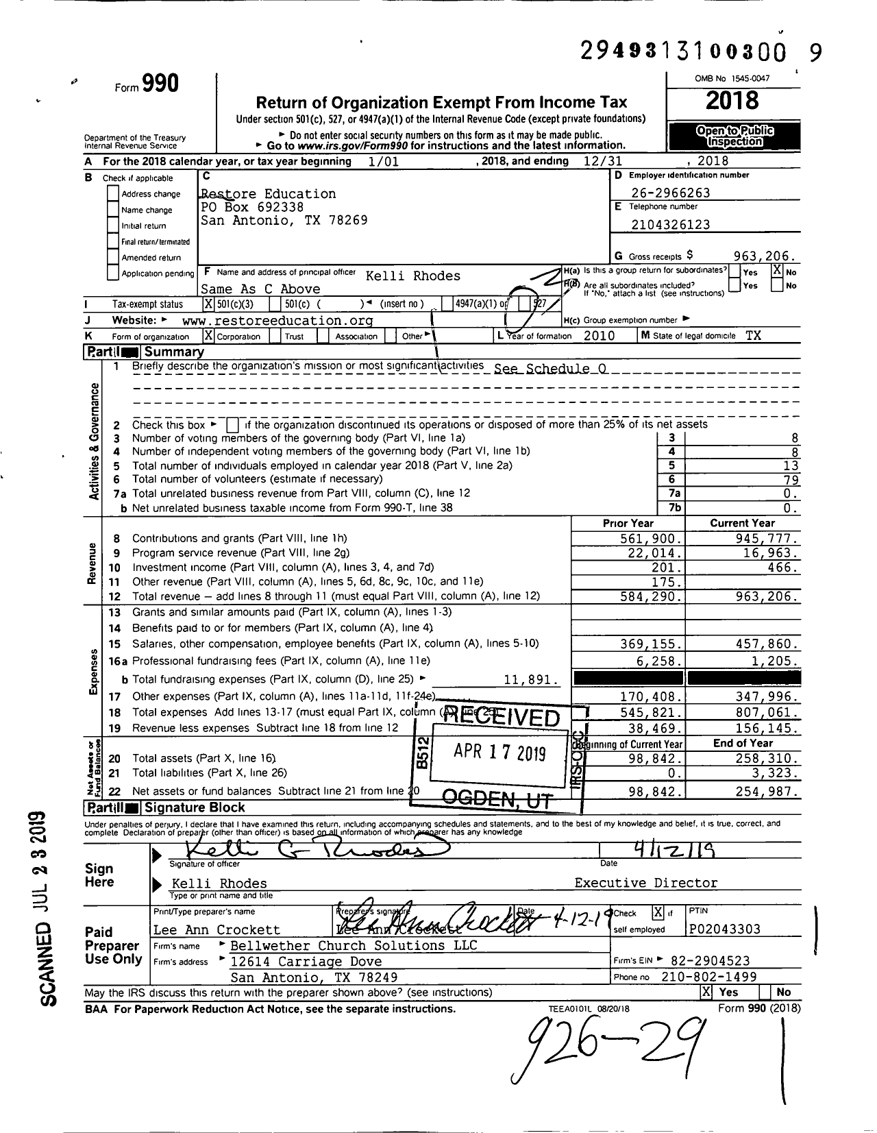 Image of first page of 2018 Form 990 for Restore Education