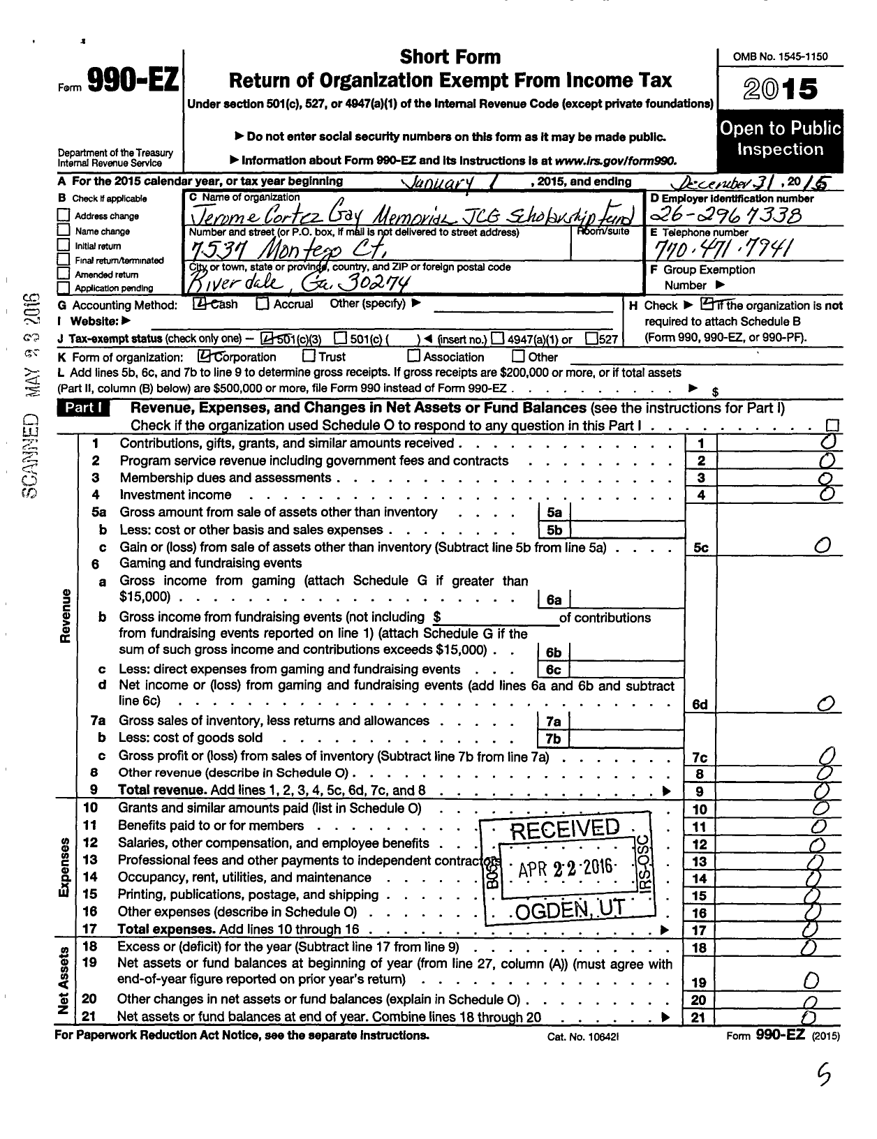 Image of first page of 2015 Form 990EZ for Jerome Cortez Gay Memorial Scholarship Fund