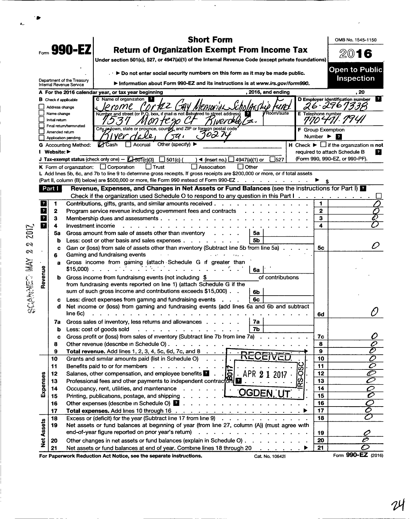 Image of first page of 2016 Form 990EZ for Jerome Cortez Gay Memorial Scholarship Fund