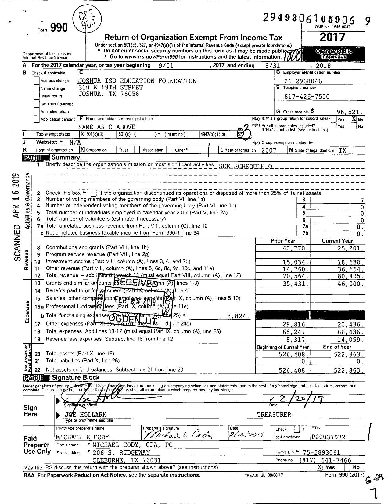 Image of first page of 2017 Form 990 for Joshua Isd Education Foundation