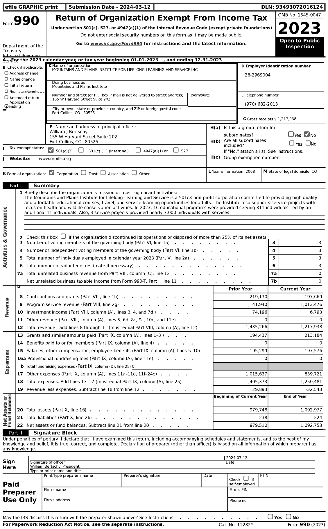 Image of first page of 2023 Form 990 for Mountains and Plains Institute