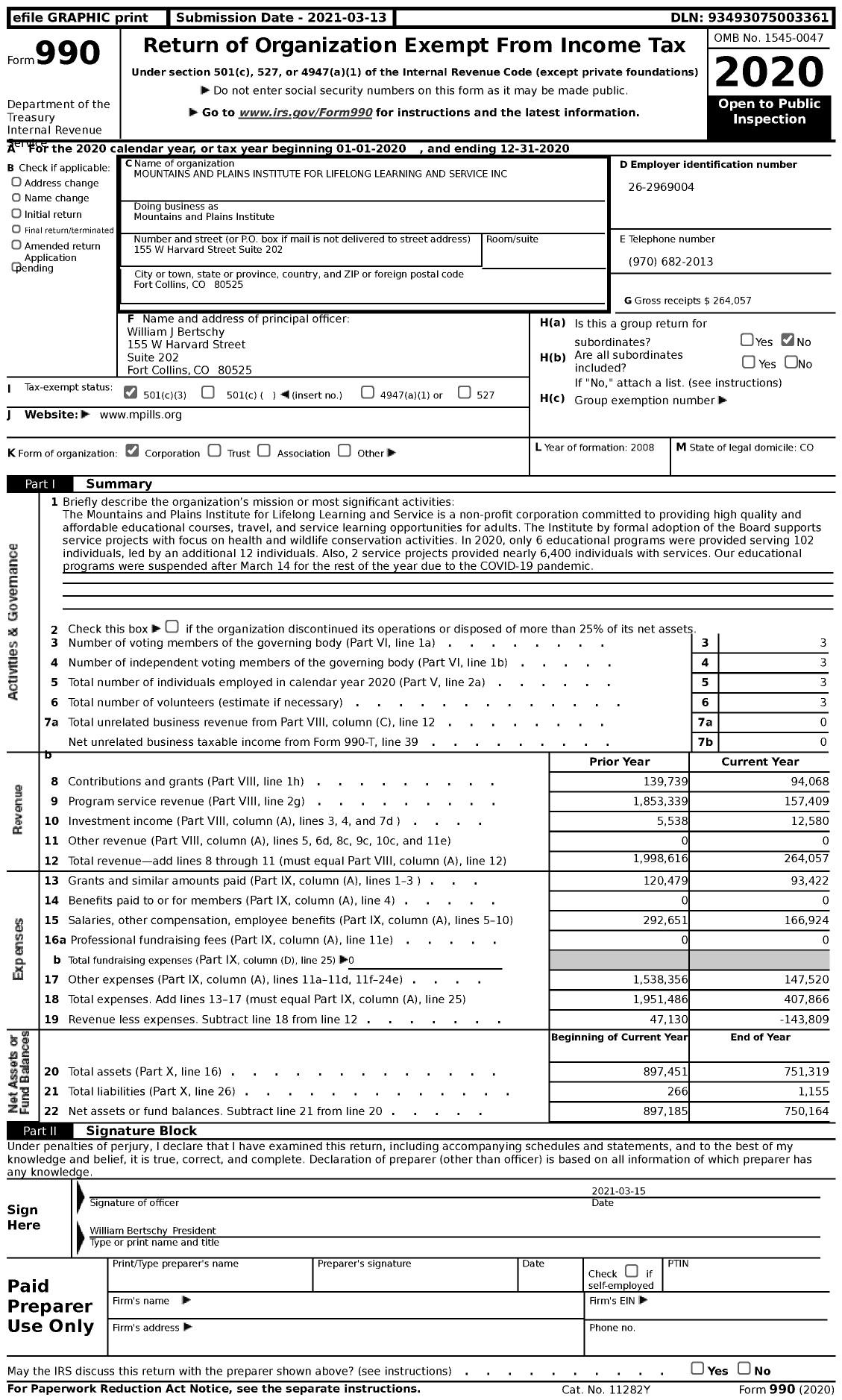 Image of first page of 2020 Form 990 for Mountains and Plains Institute