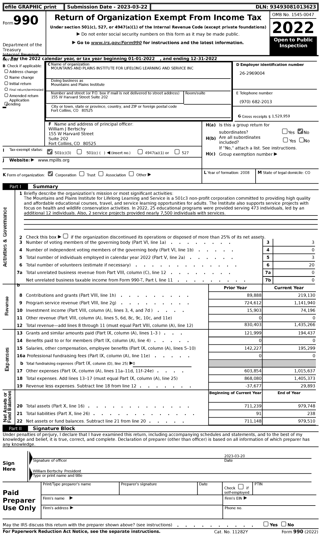 Image of first page of 2022 Form 990 for Mountains and Plains Institute