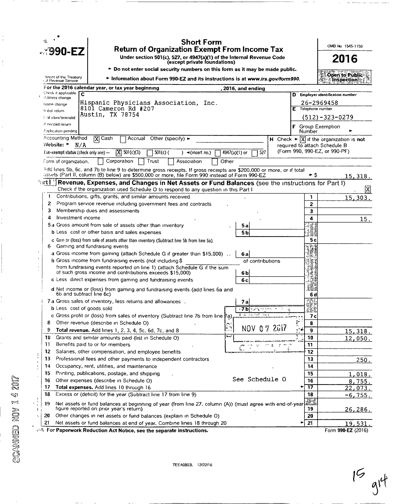 Image of first page of 2016 Form 990EZ for Hispanic Physicians Association