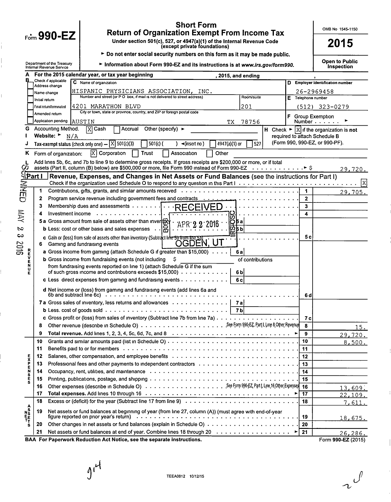 Image of first page of 2015 Form 990EZ for Hispanic Physicians Association