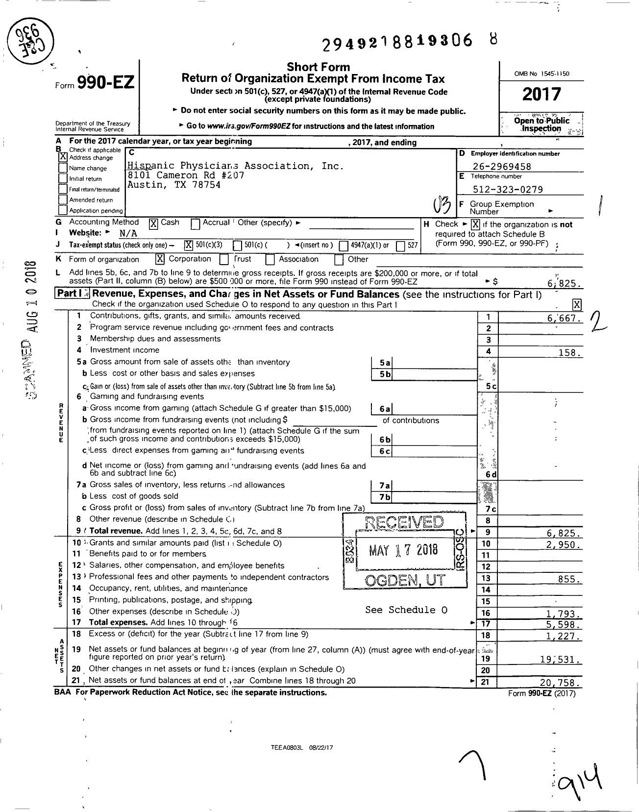 Image of first page of 2017 Form 990EZ for Hispanic Physicians Association