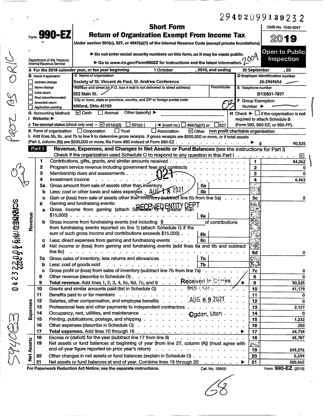 Image of first page of 2019 Form 990EZ for Society of St Vincent de Paul St Andrew Conference