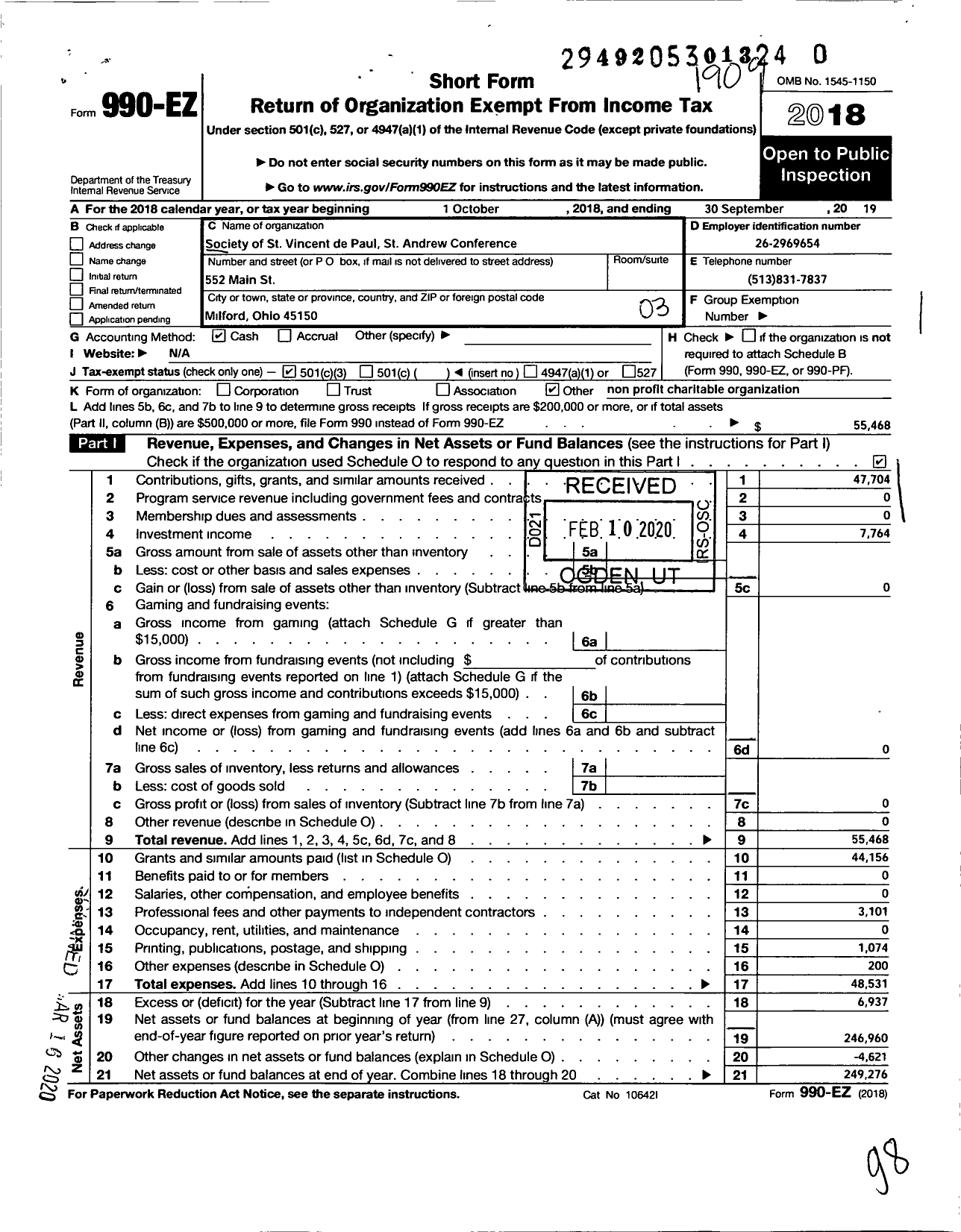 Image of first page of 2018 Form 990EZ for Society of St Vincent de Paul St Andrew Conference