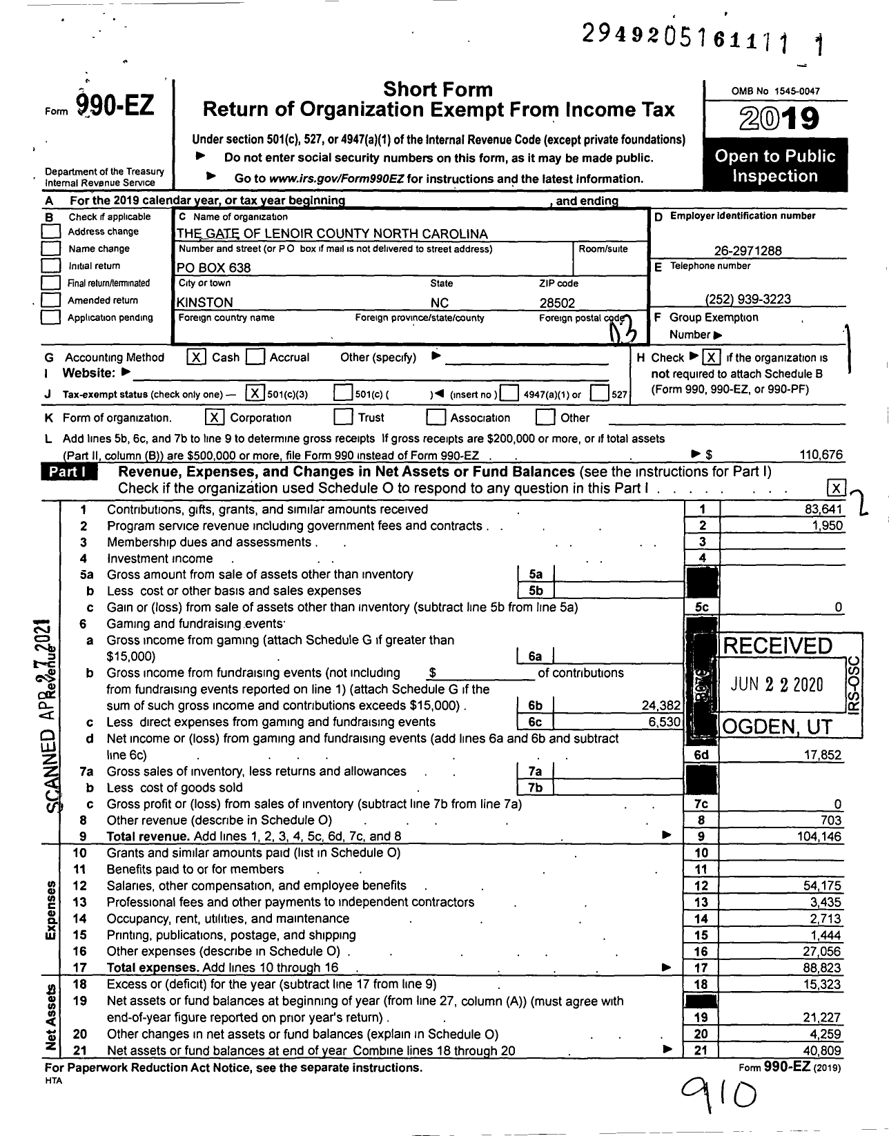 Image of first page of 2019 Form 990EZ for The Gate of Lenoir County