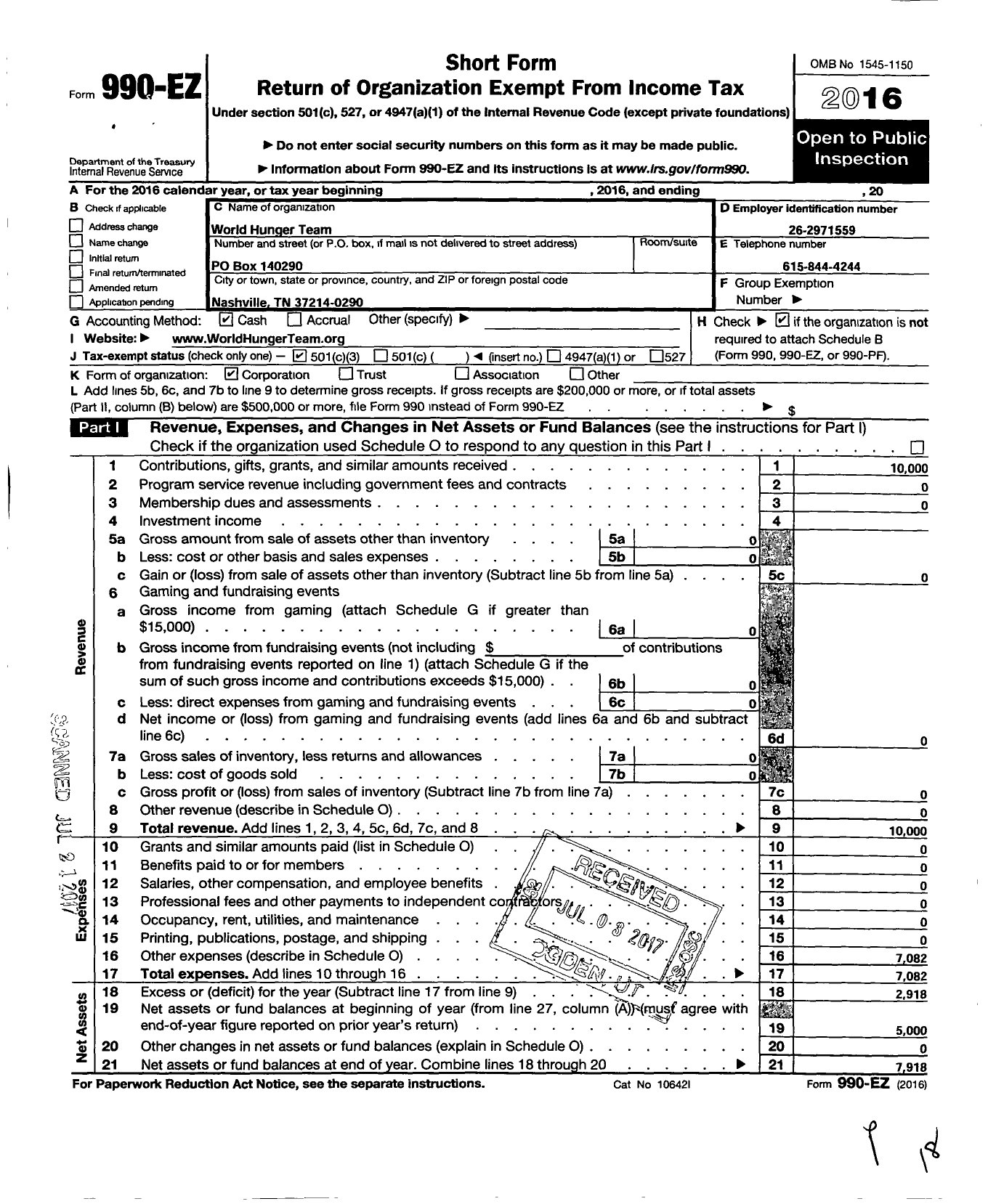 Image of first page of 2016 Form 990EZ for World Hunger Team