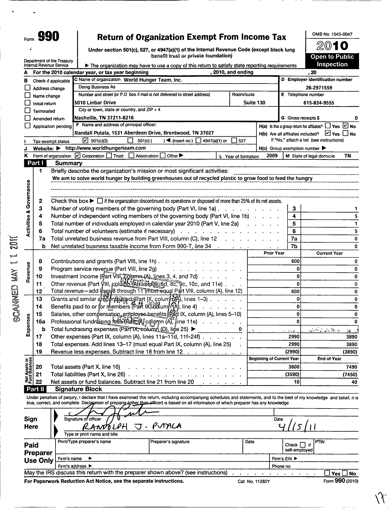 Image of first page of 2010 Form 990 for World Hunger Team