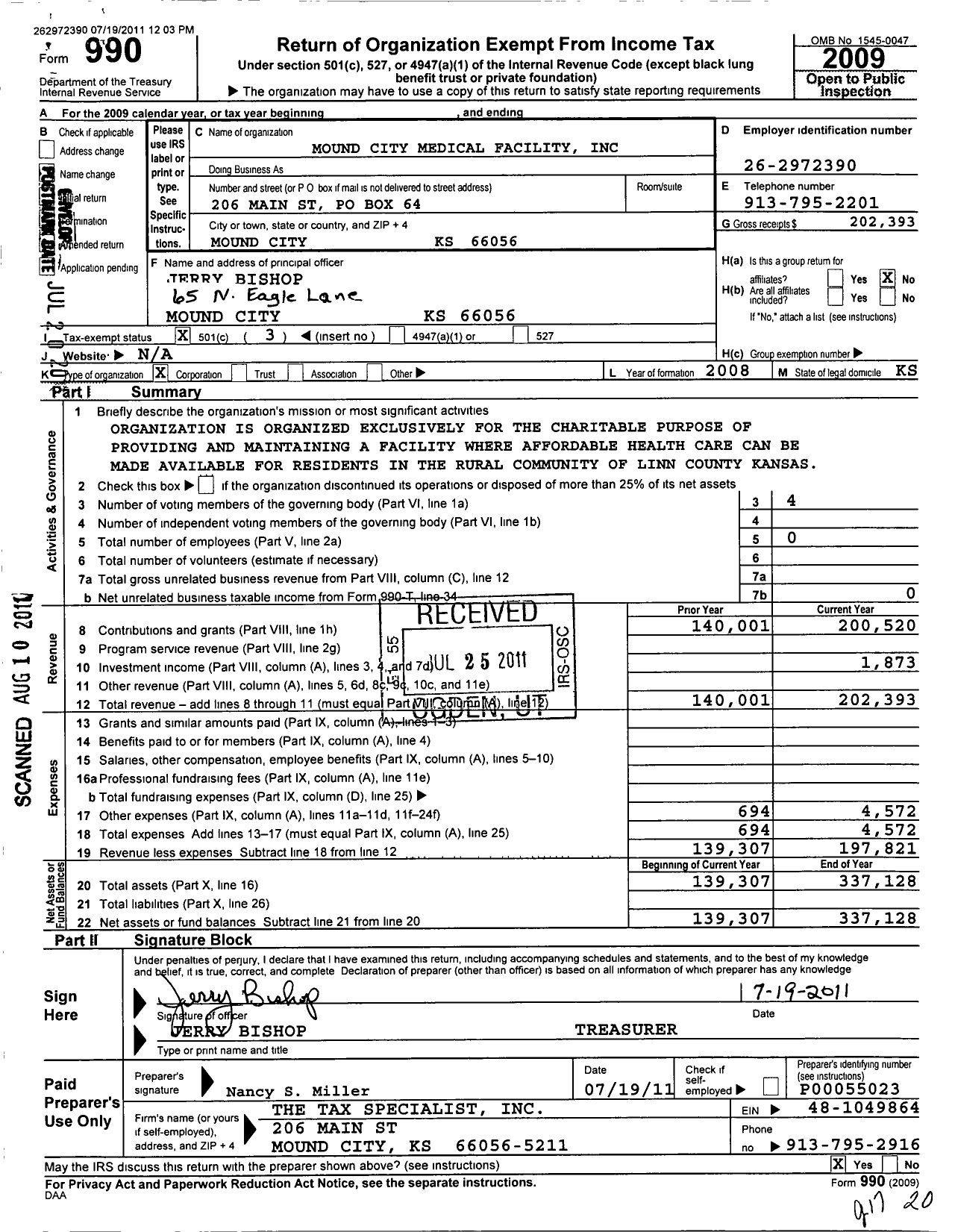 Image of first page of 2009 Form 990 for Mound City Medical Facility