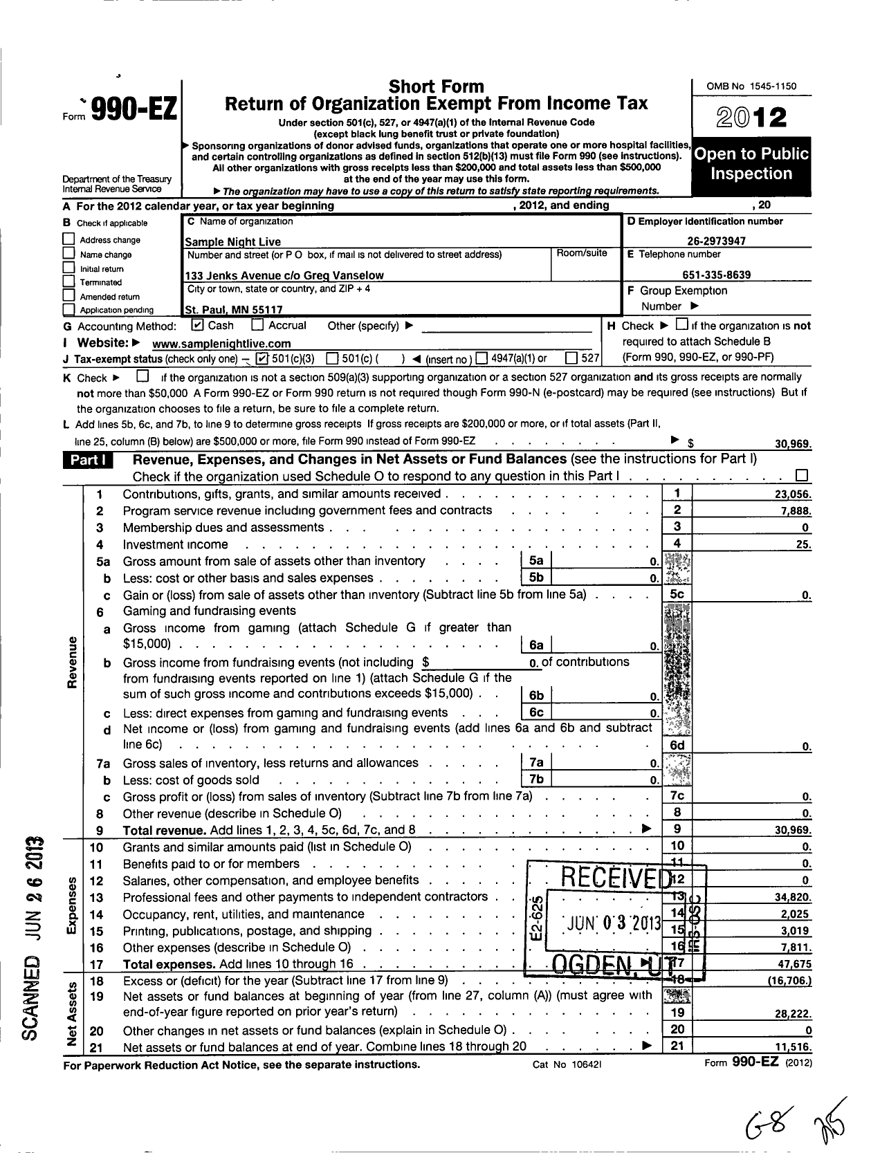 Image of first page of 2012 Form 990EZ for Sample Night Live