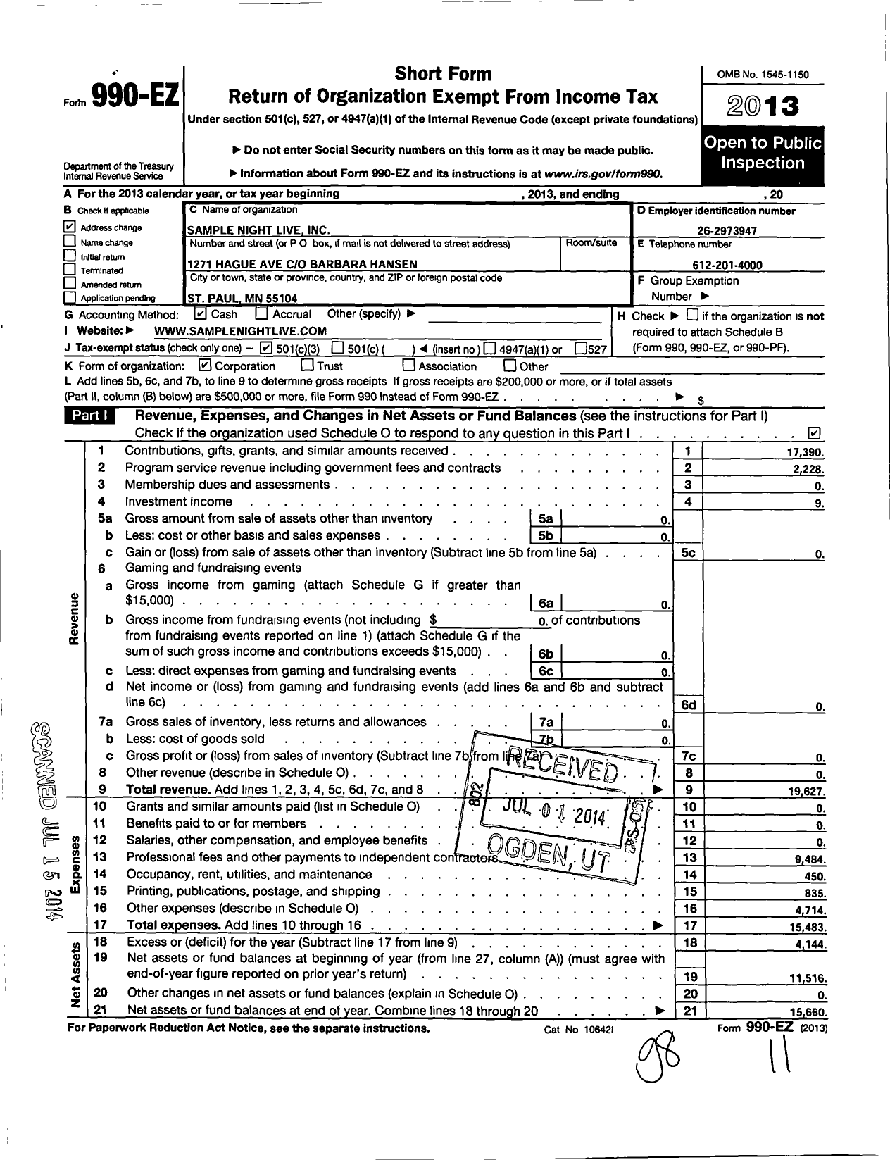 Image of first page of 2013 Form 990EZ for Sample Night Live