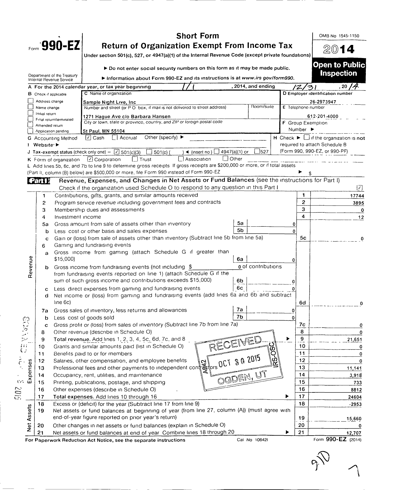 Image of first page of 2014 Form 990EZ for Sample Night Live