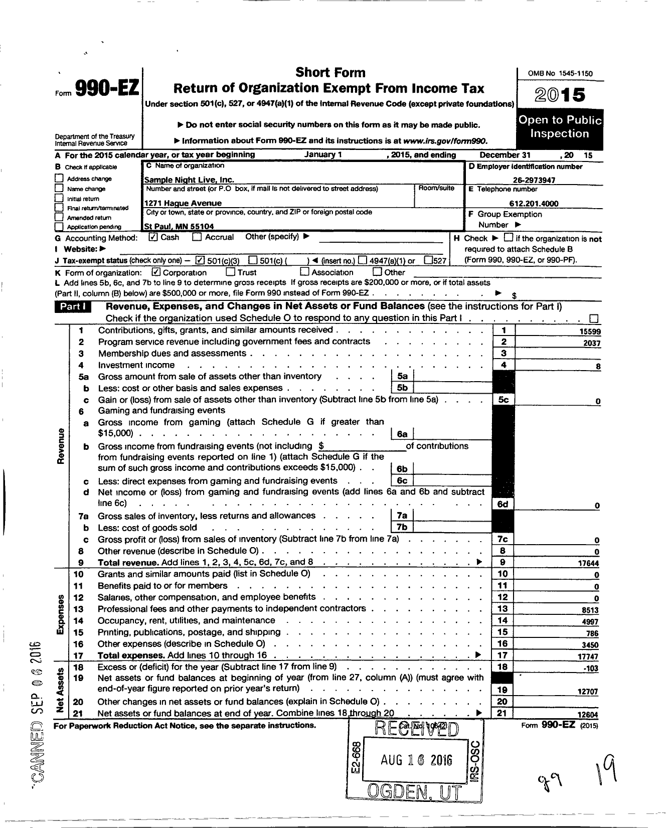 Image of first page of 2015 Form 990EZ for Sample Night Live