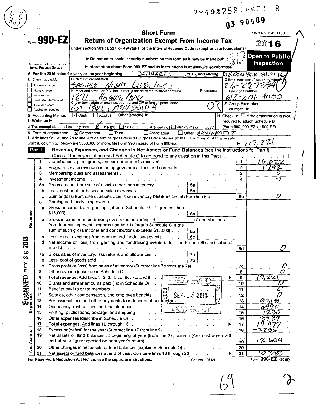 Image of first page of 2016 Form 990EZ for Sample Night Live