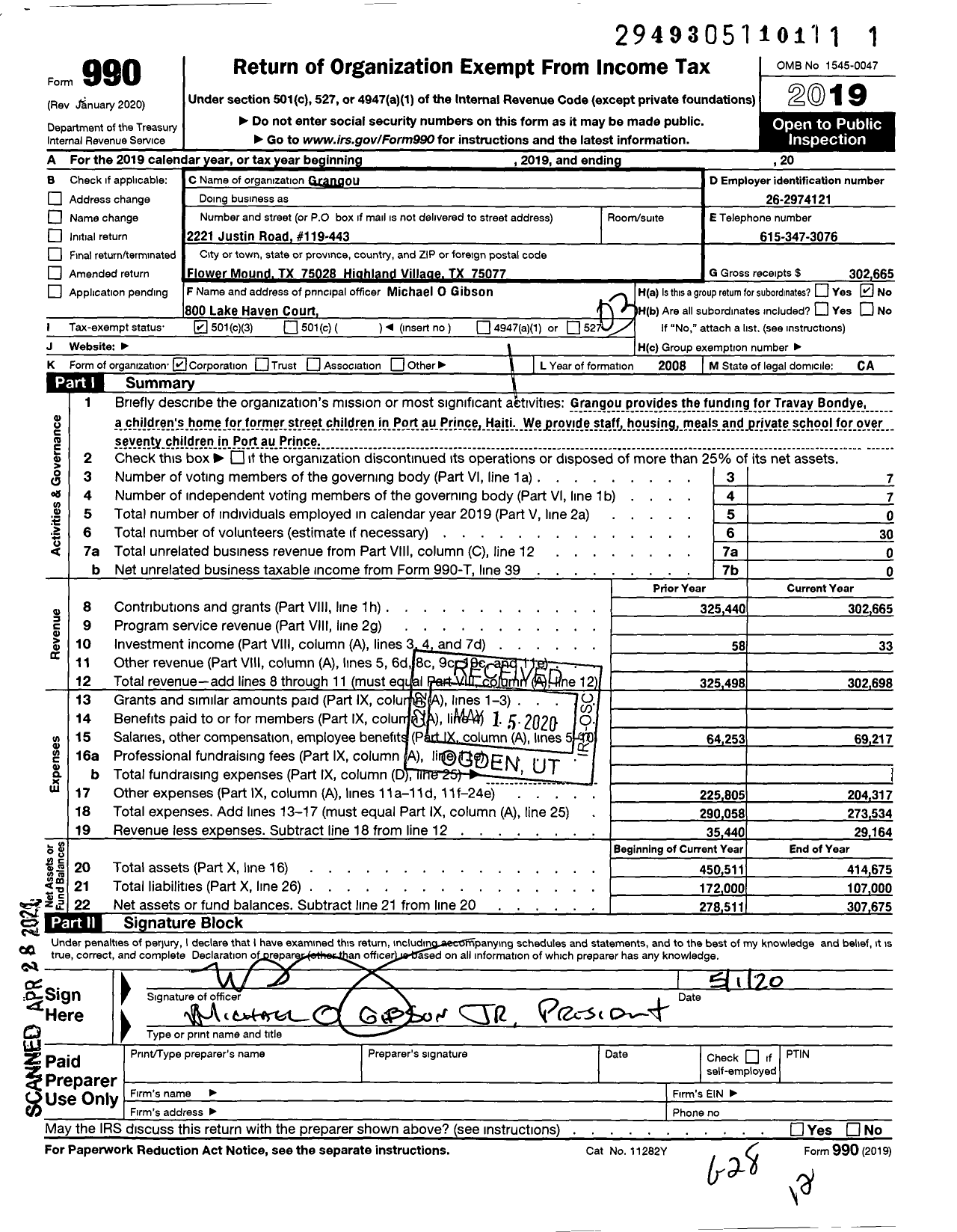 Image of first page of 2019 Form 990 for Grangou