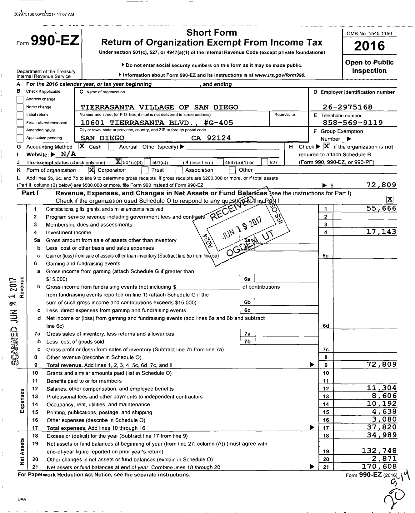 Image of first page of 2016 Form 990EZ for Tierrasanta Village of San Diego (TVSD)