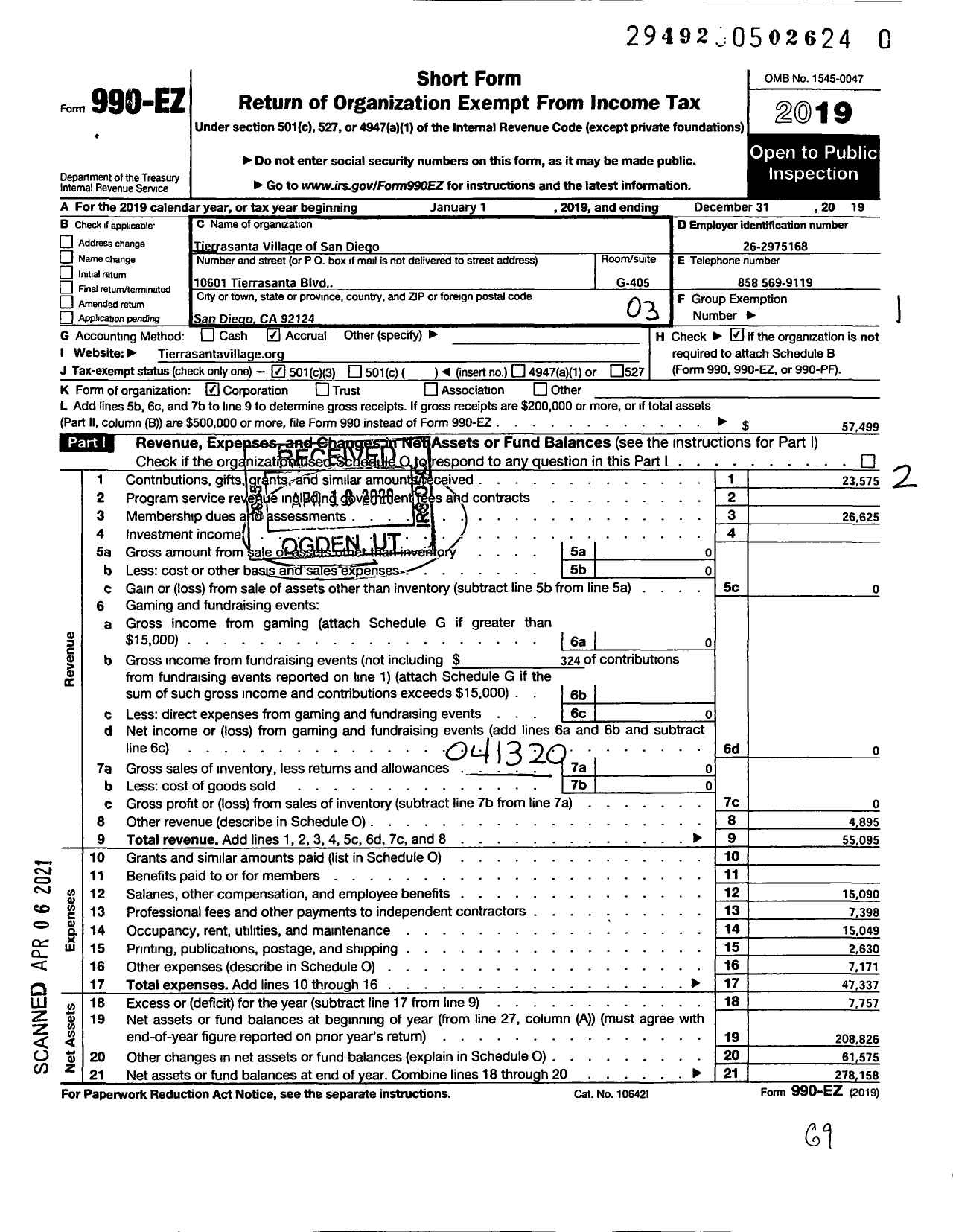 Image of first page of 2019 Form 990EZ for Tierrasanta Village of San Diego (TVSD)