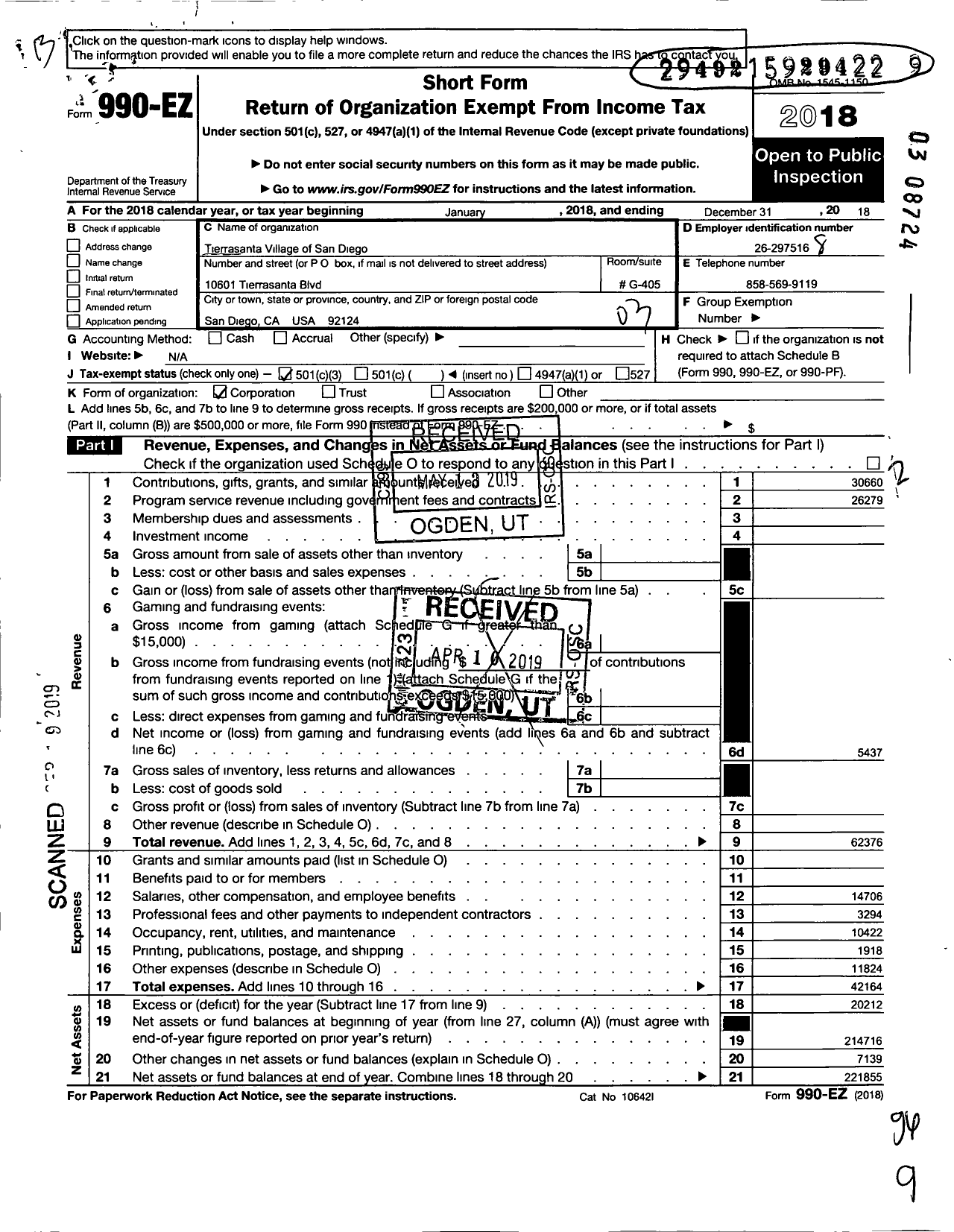 Image of first page of 2018 Form 990EZ for Tierrasanta Village of San Diego (TVSD)