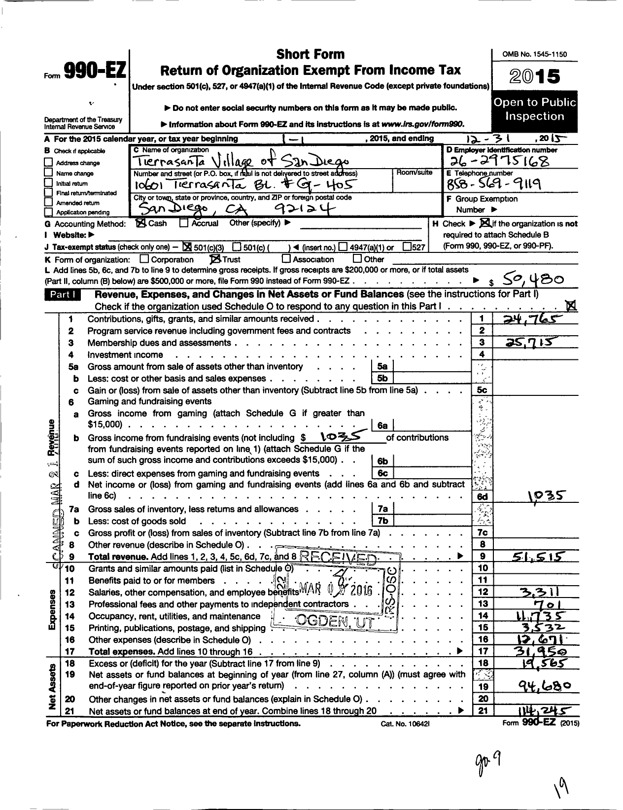 Image of first page of 2015 Form 990EZ for Tierrasanta Village of San Diego (TVSD)