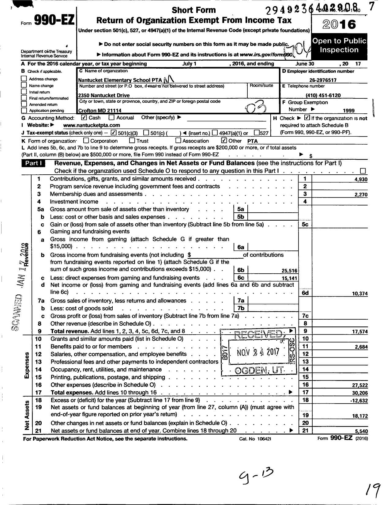 Image of first page of 2016 Form 990EZ for PTA Maryland Congress of Parent and Teachers / Nantucket Elementary School