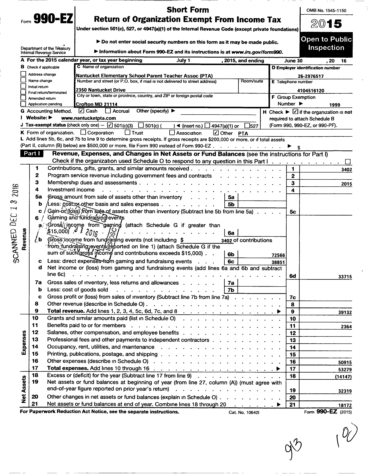 Image of first page of 2015 Form 990EZ for PTA Maryland Congress of Parent and Teachers / Nantucket Elementary School