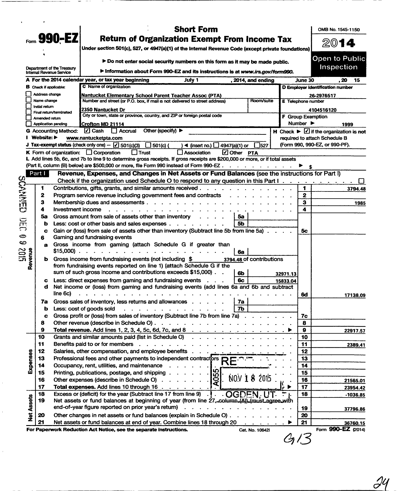 Image of first page of 2014 Form 990EZ for PTA Maryland Congress of Parent and Teachers / Nantucket Elementary School