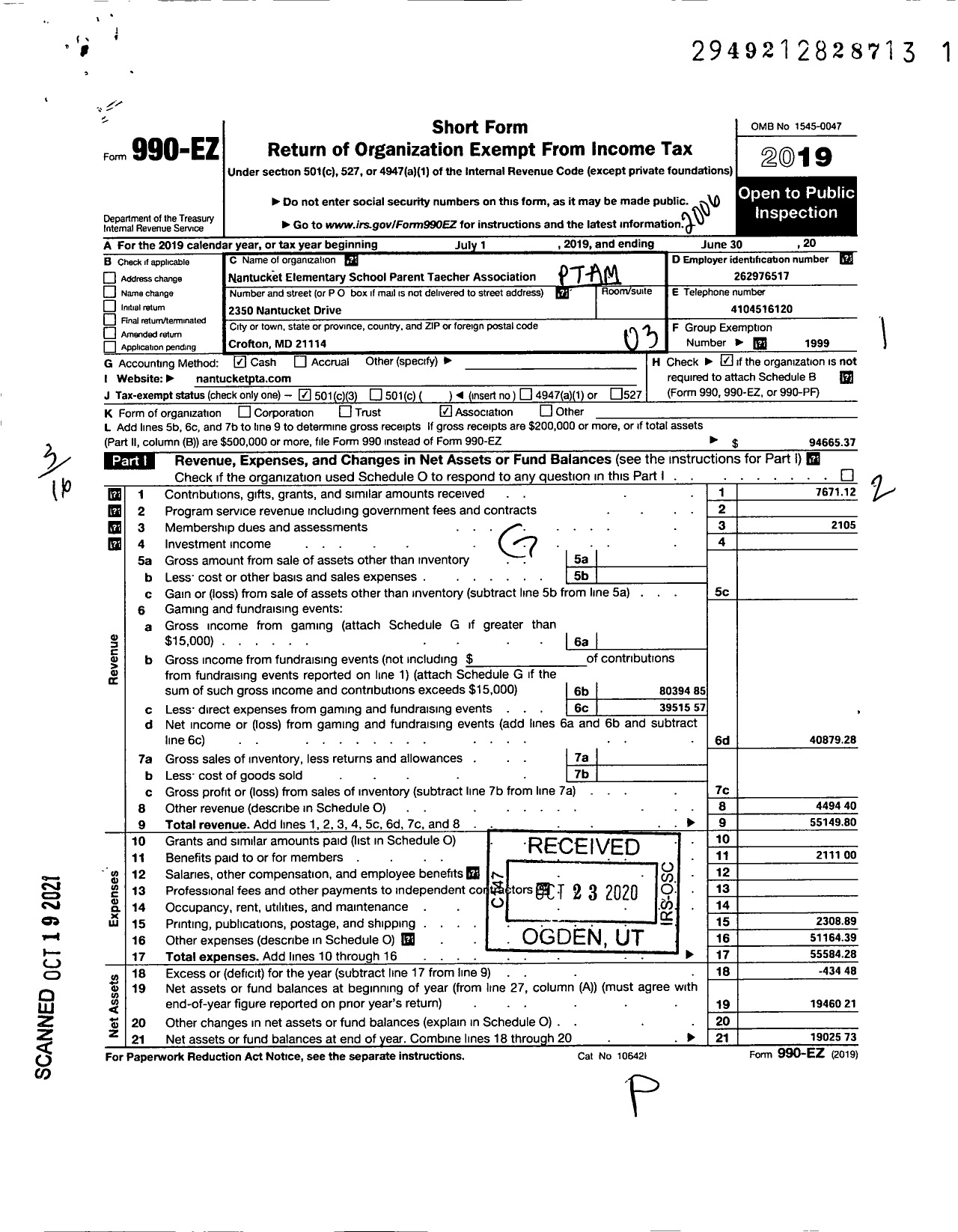 Image of first page of 2019 Form 990EZ for PTA Maryland Congress of Parent and Teachers / Nantucket Elementary School