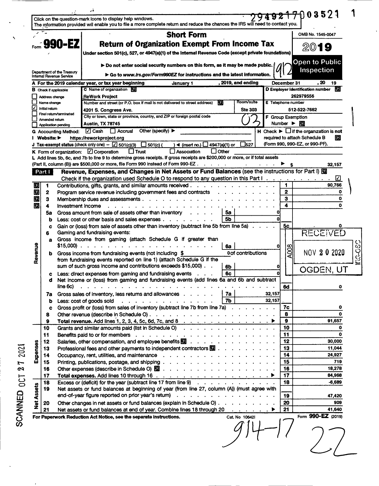 Image of first page of 2019 Form 990EZ for Rework Project